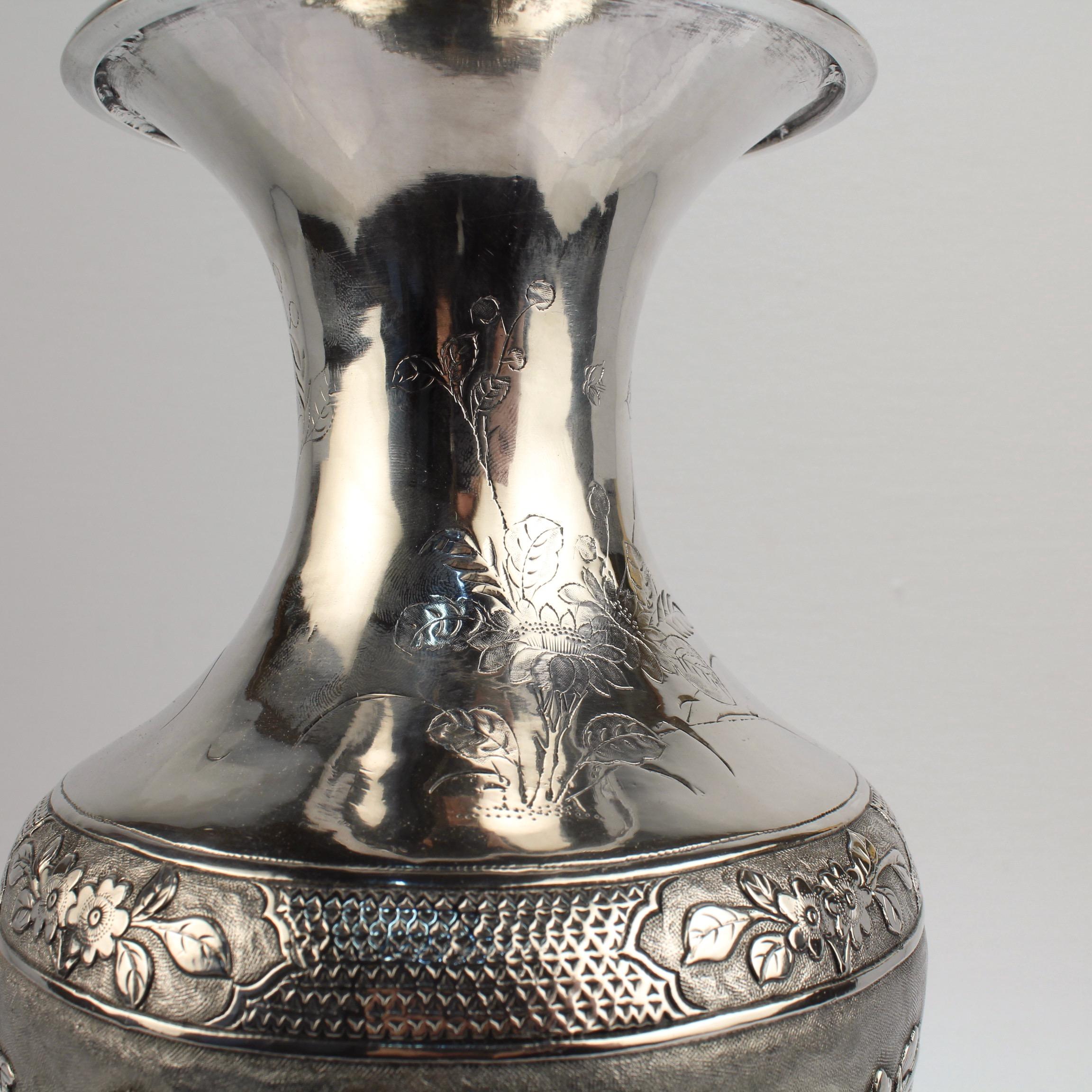 Women's or Men's Antique Signed Chinese Export Sterling Silver Vase with Landscape and Figures For Sale