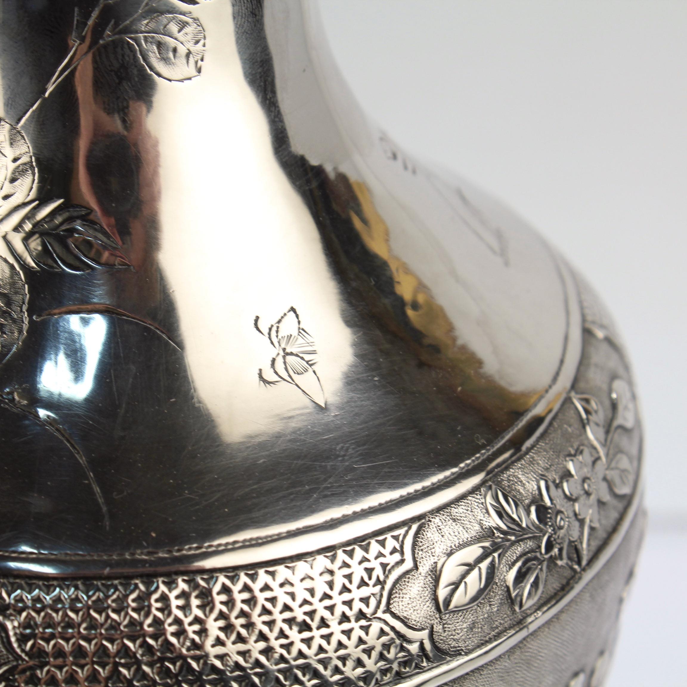 Antique Signed Chinese Export Sterling Silver Vase with Landscape and Figures For Sale 1