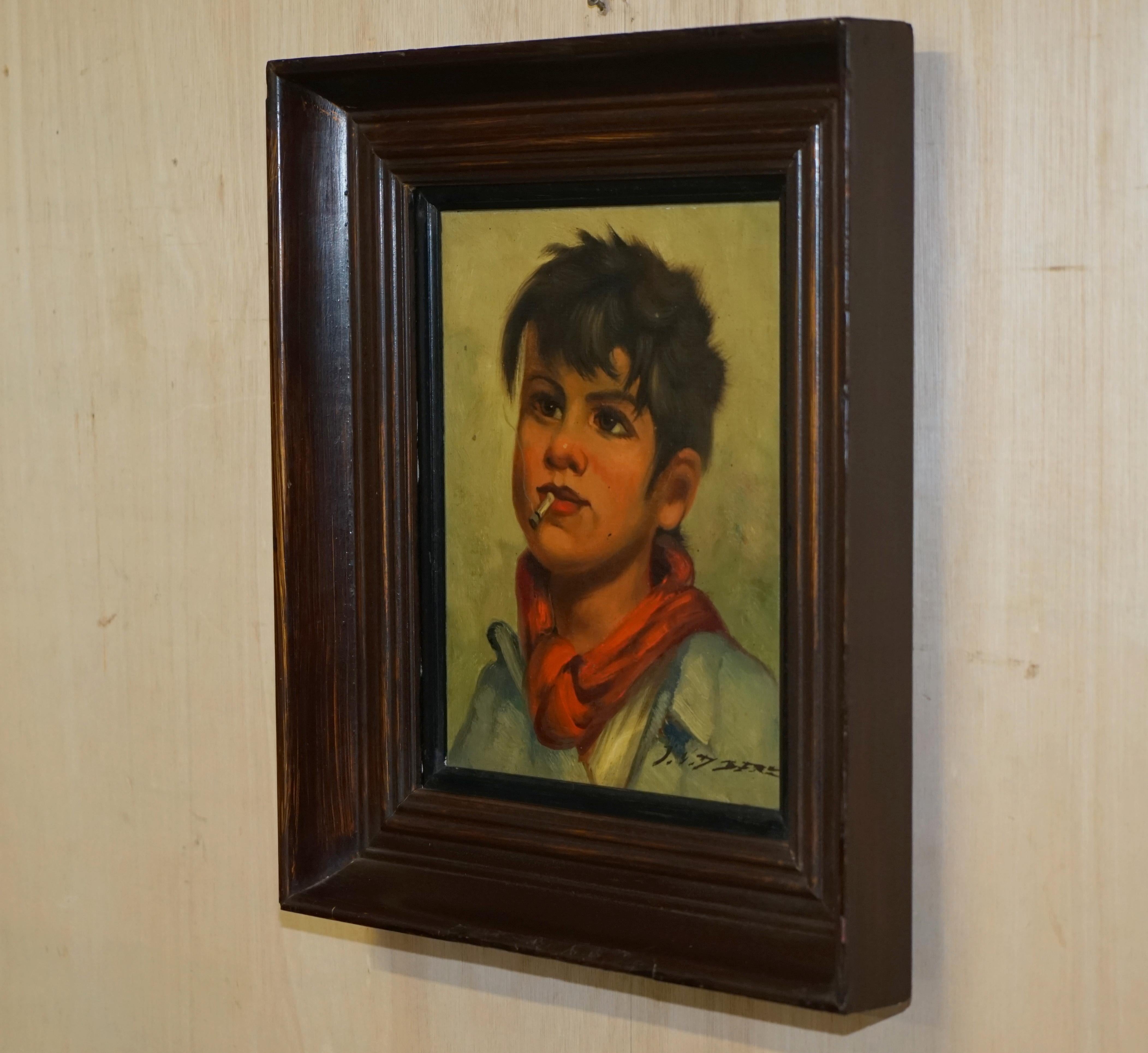 Antique Signed circa 1930 Belgium Oil on Canvas Painting of Young Boy Smoking For Sale 10