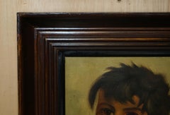 Antique Signed circa 1930 Belgium Oil on Canvas Painting of Young Boy Smoking