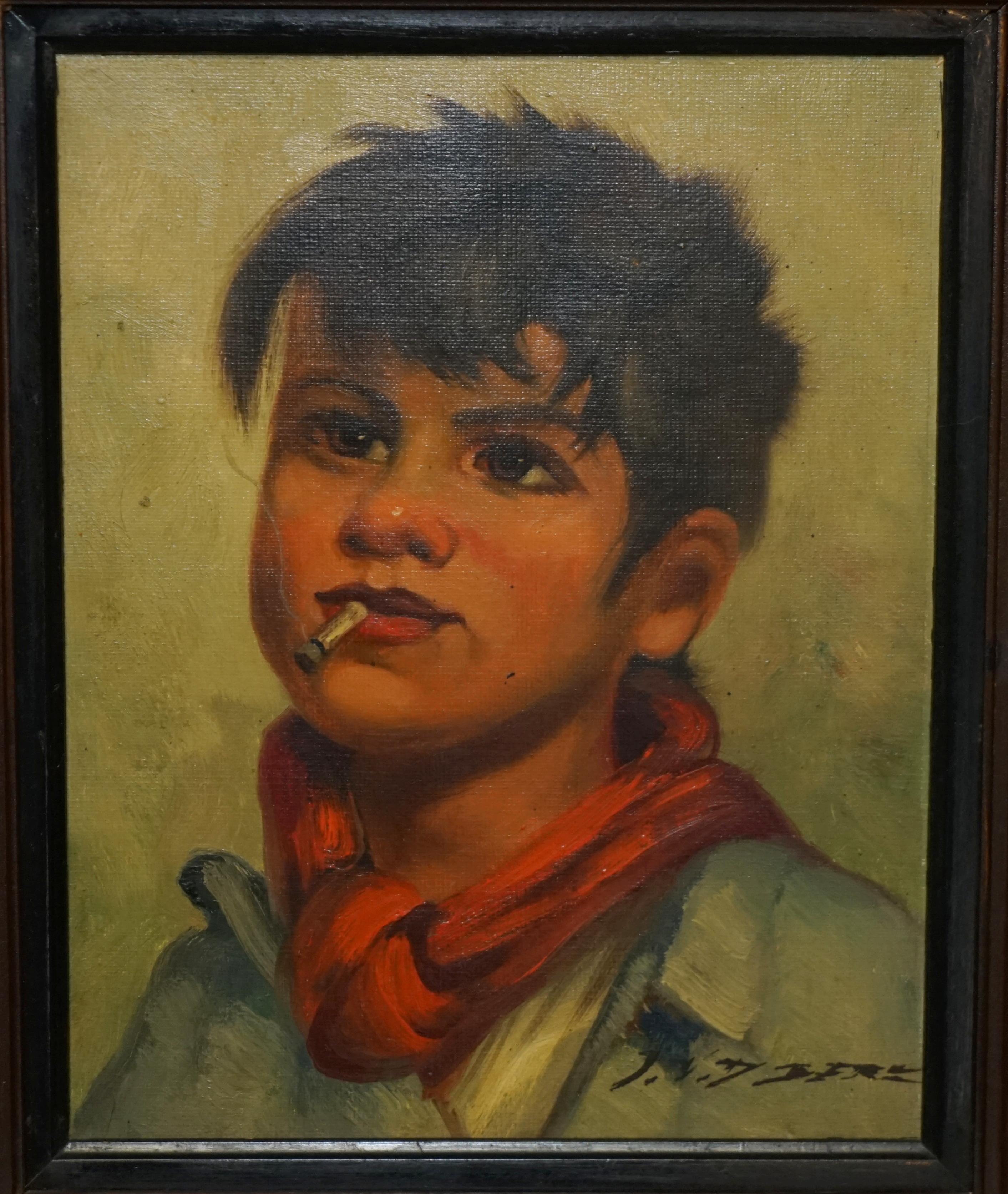 Mid-20th Century Antique Signed circa 1930 Belgium Oil on Canvas Painting of Young Boy Smoking For Sale