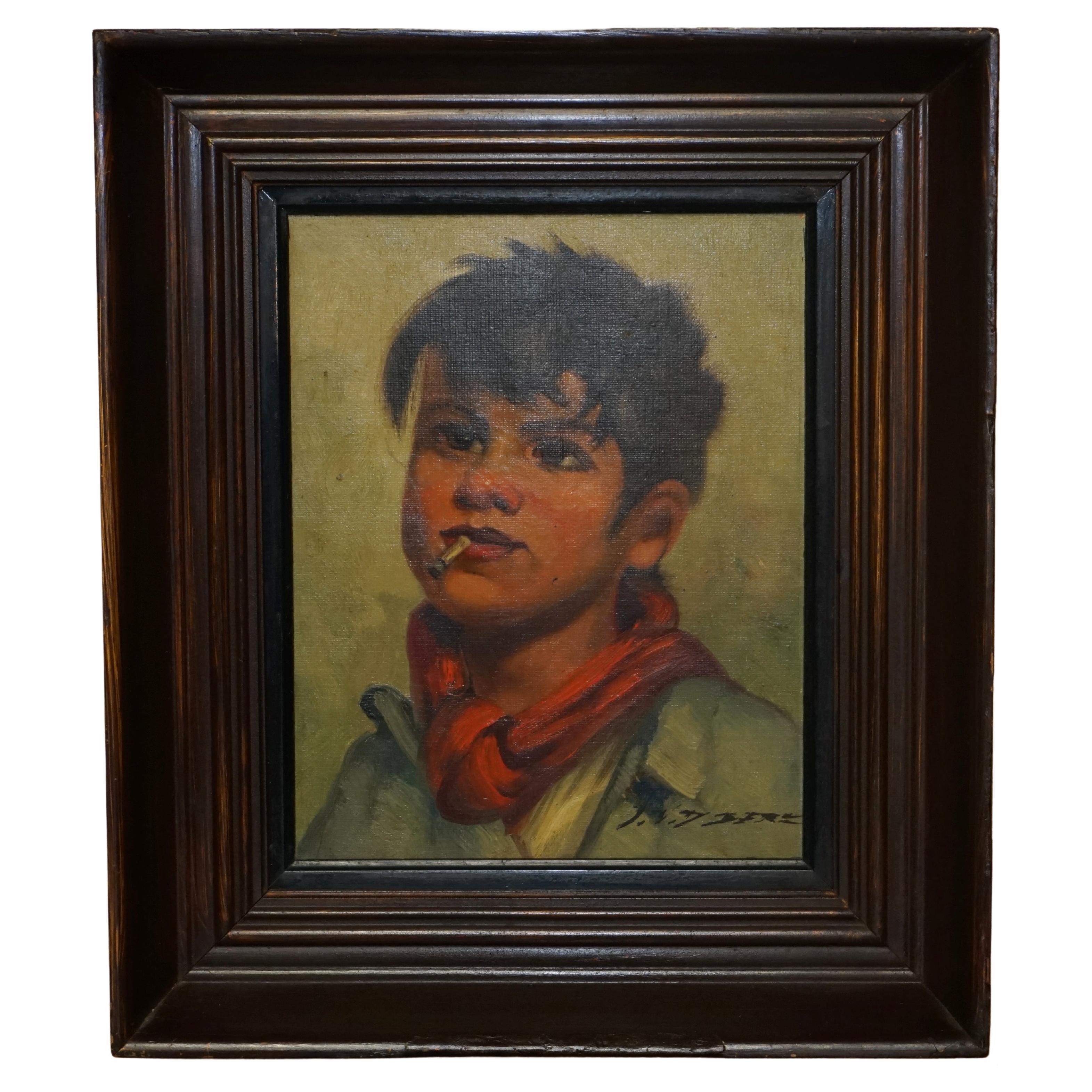 Antique Signed circa 1930 Belgium Oil on Canvas Painting of Young Boy Smoking