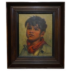 Antique Signed circa 1930 Belgium Oil on Canvas Painting of Young Boy Smoking