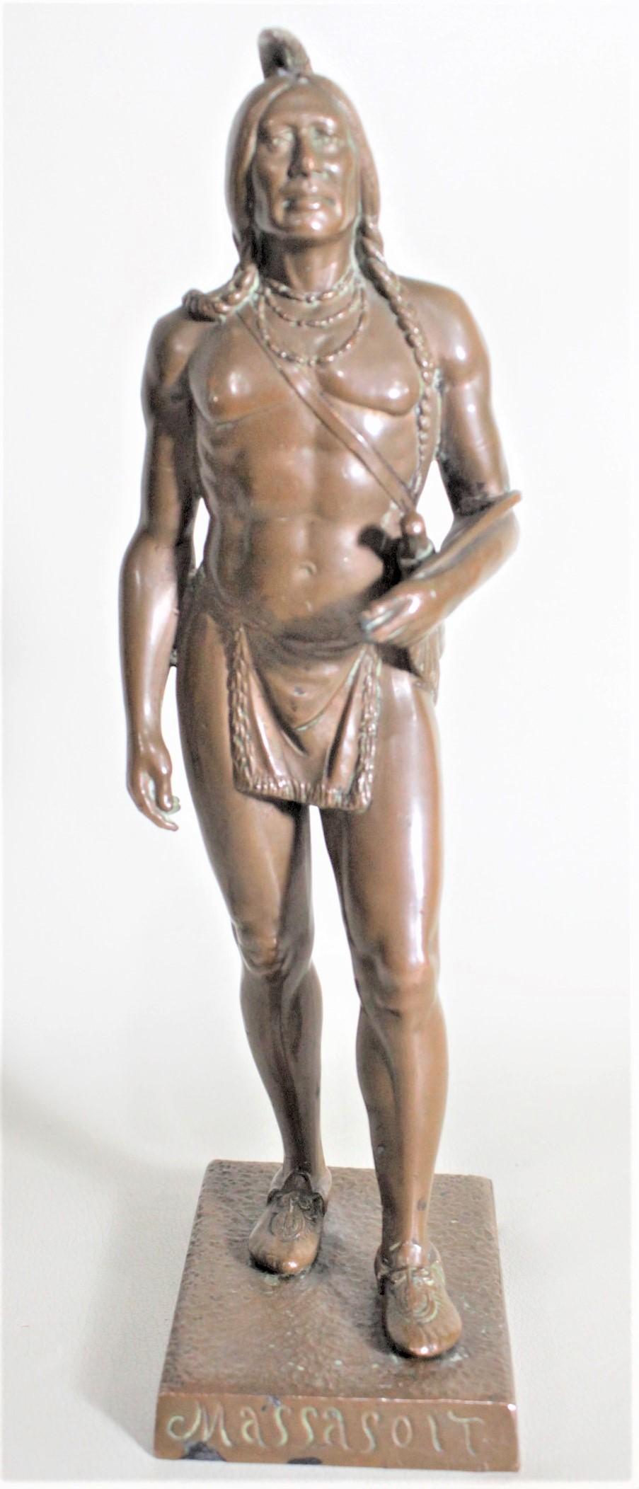 This very detailed bronze sculpture was done by Cyrus Dallin of the United States in approximately 1900 in a classical American style. This quite well executed sculpture depicts the Indigenous Wampanoag Chief 'Massasoit' who in known is some