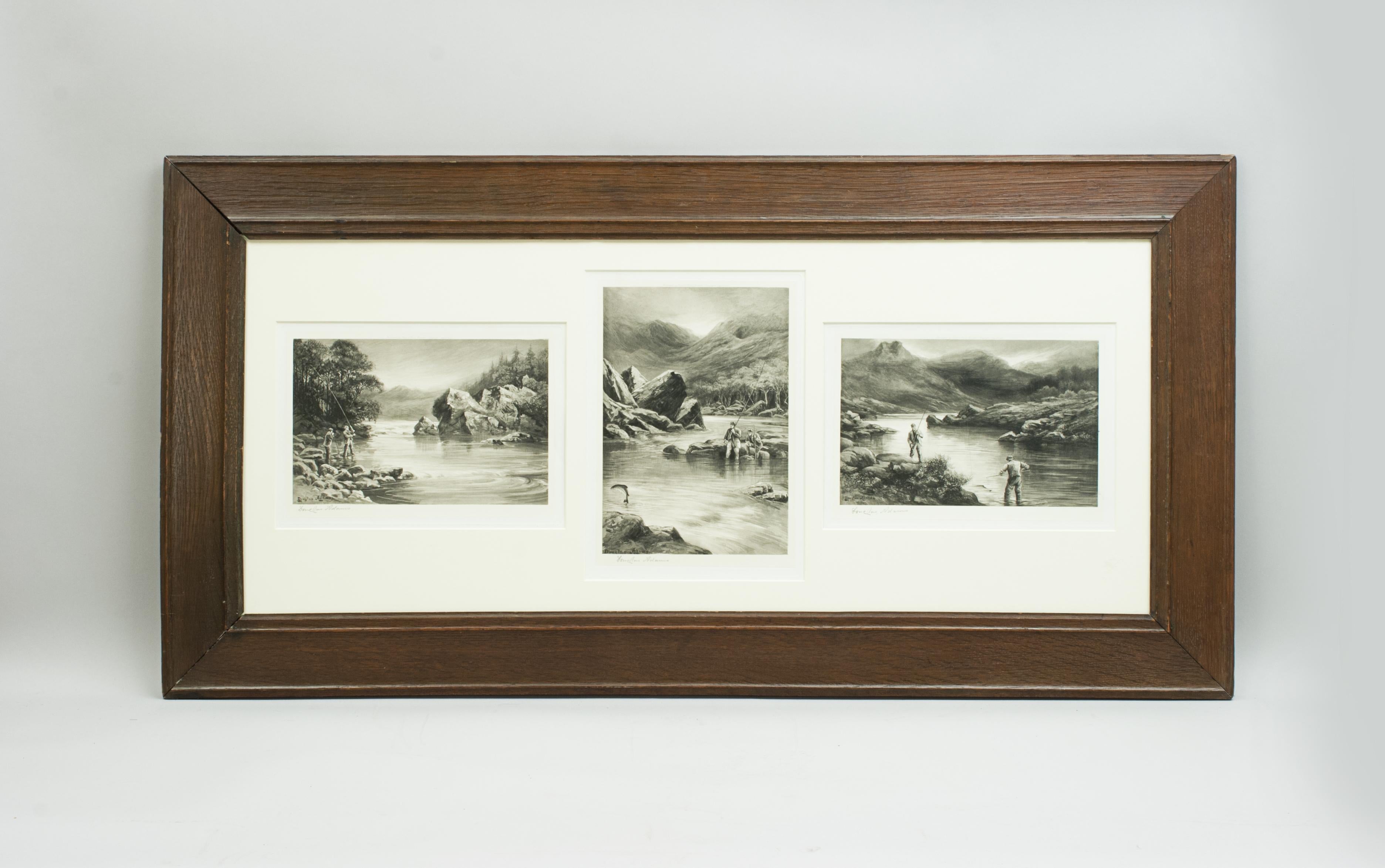 Three salmon fishing pictures by Douglas Adams.
A triple aperture mount with salmon fishing scenes by Douglas Adams. The three photogravures are signed by the artist and are in the original old oak frame. Two of the pictures are landscape in