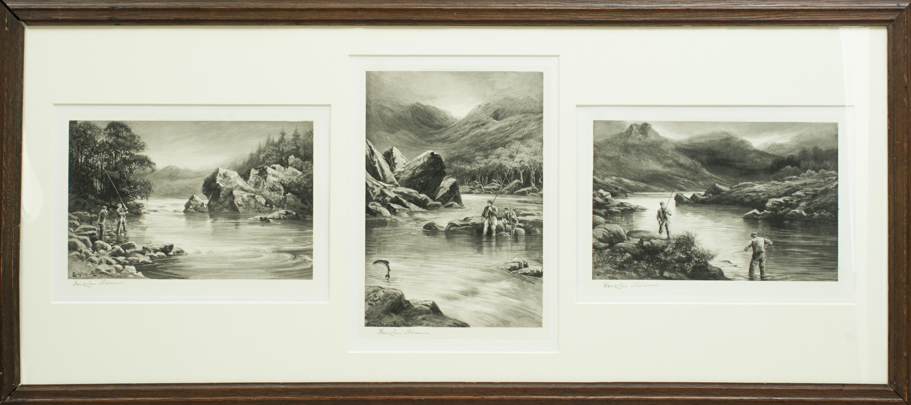 Sporting Art Antique Signed Douglas Adams Salmon Fishing Prints, Set of Three For Sale