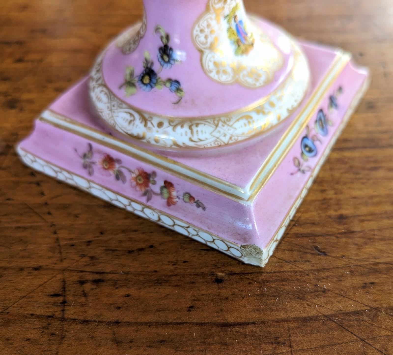 Antique Signed Dresden Porcelain Urn Vase in Pink Gilded Handles Courting Scene For Sale 4