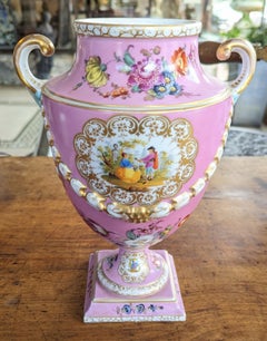 Antique Signed Dresden Porcelain Urn Vase in Pink Gilded Handles Courting Scene