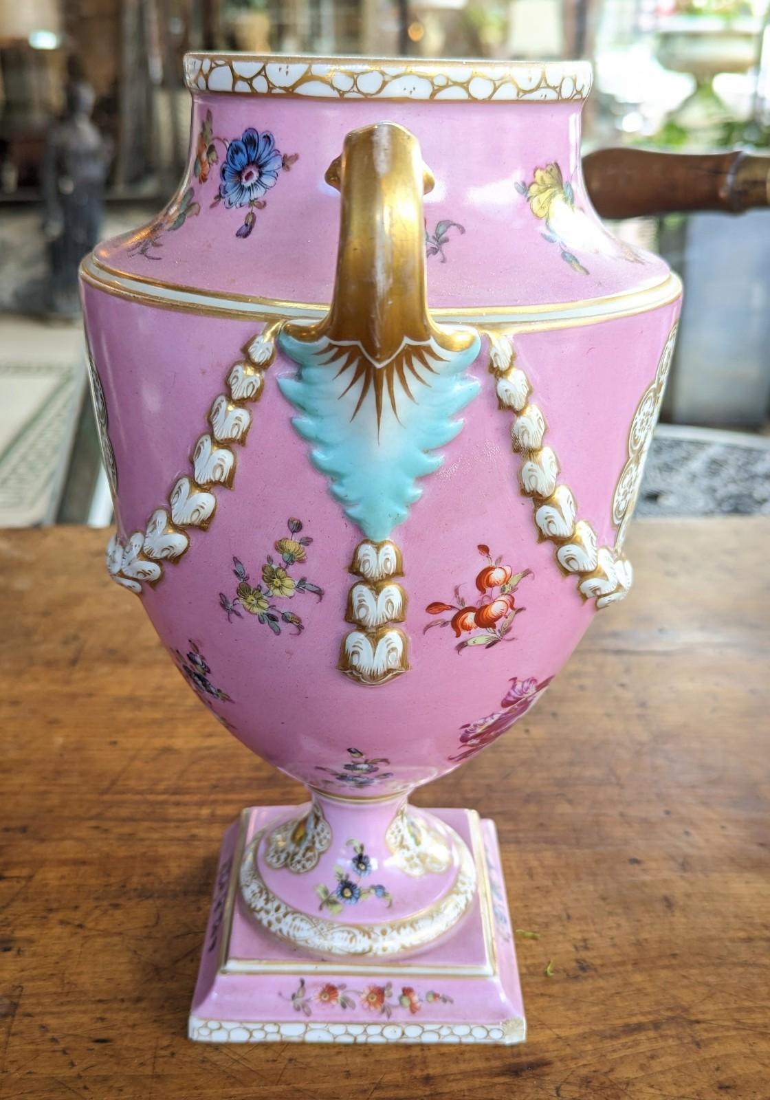 Rococo Revival Antique Signed Dresden Porcelain Urn Vase in Pink Gilded Handles Courting Scene For Sale