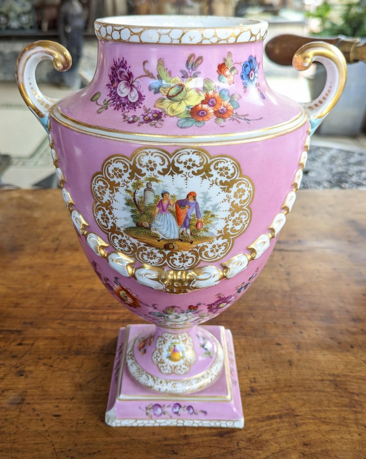 Unknown Antique Signed Dresden Porcelain Urn Vase in Pink Gilded Handles Courting Scene For Sale