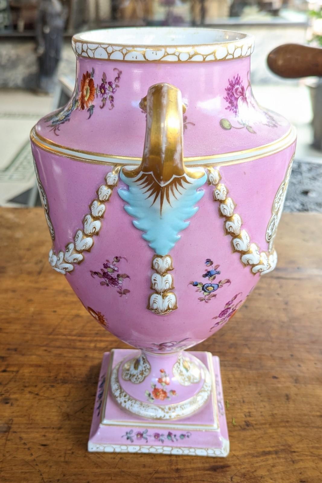 Antique Signed Dresden Porcelain Urn Vase in Pink Gilded Handles Courting Scene In Good Condition For Sale In Greer, SC