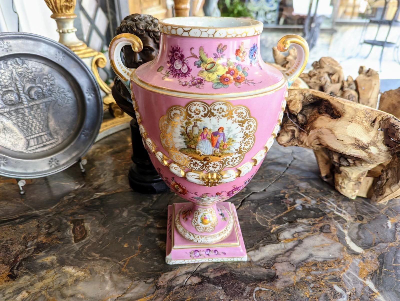 Antique Signed Dresden Porcelain Urn Vase in Pink Gilded Handles Courting Scene For Sale 1