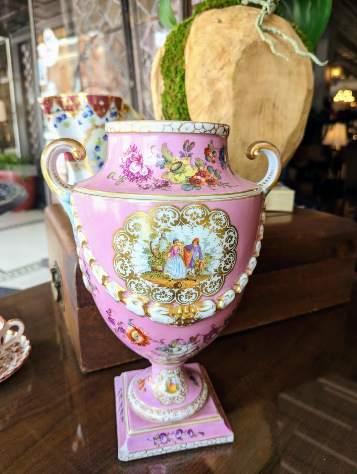 Antique Signed Dresden Porcelain Urn Vase in Pink Gilded Handles Courting Scene For Sale 2