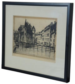 Antique Signed Drypoint Etching Print European Canal Venice Italy Cityscape