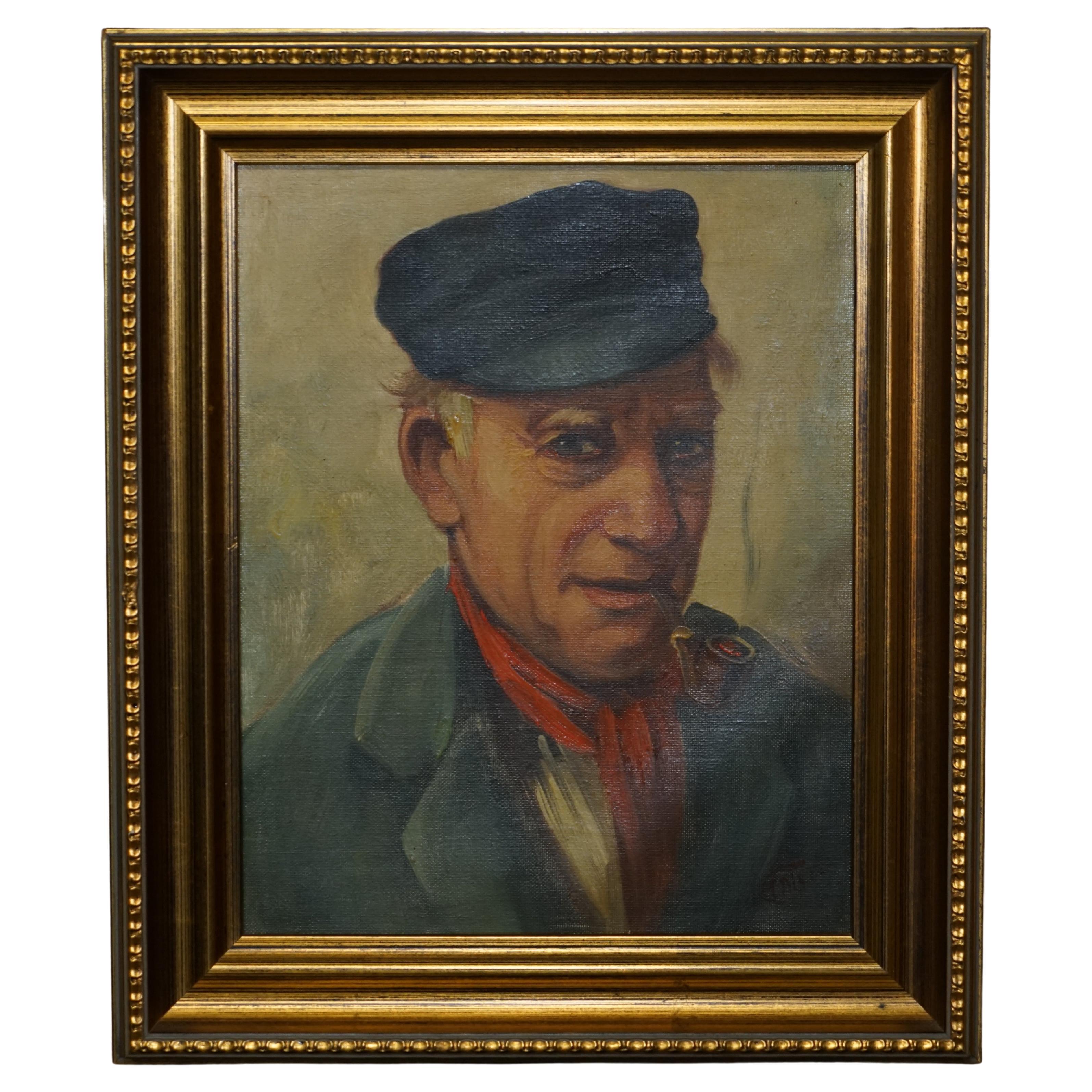 Antique Signed Dutch Oil on Canvas Painting of Old Man Fisherman Smoking a Pipe