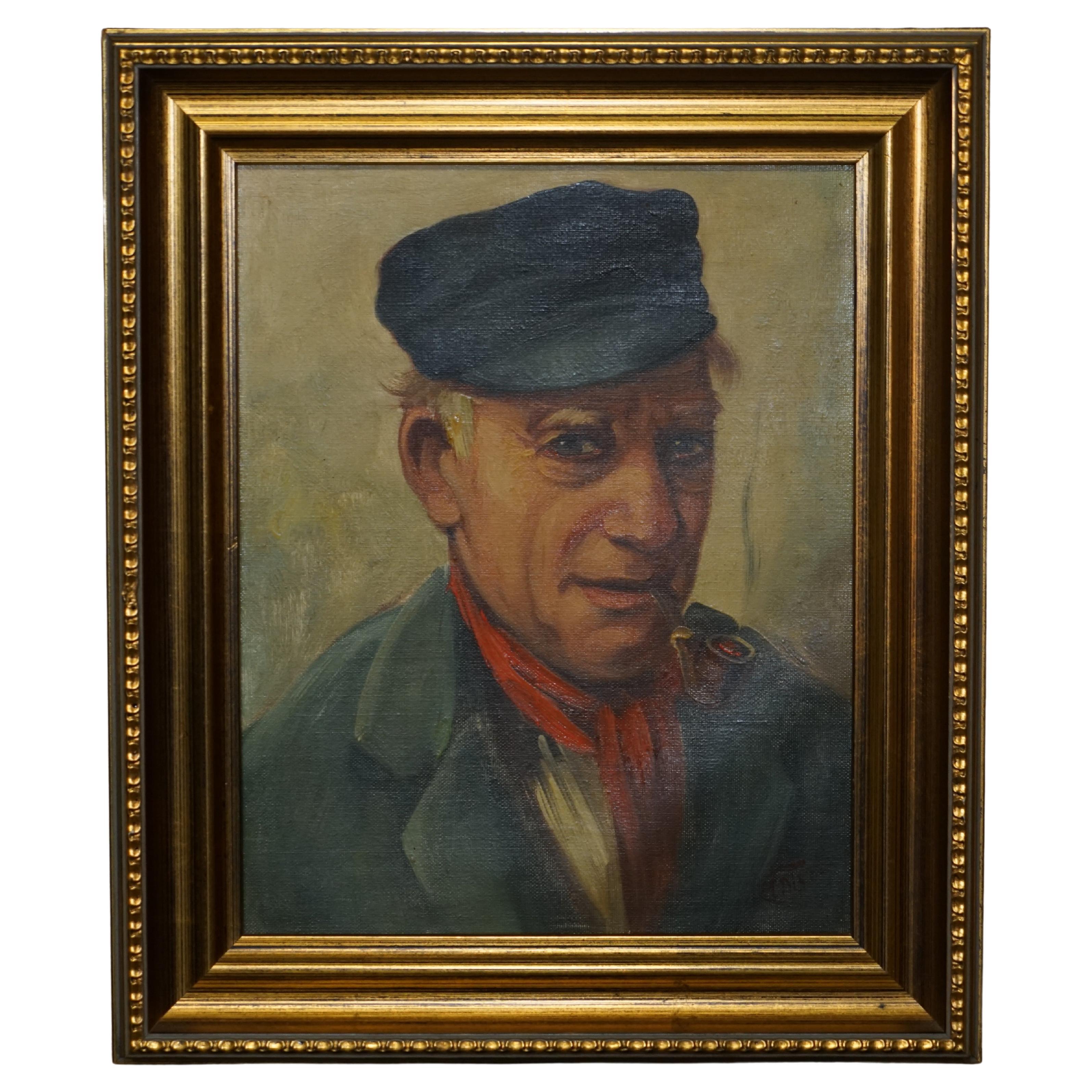 ANTIQUE PIÈCE DE BOUCLES D'OREILLES SIGNÉE SUR CANvas PAiNTING OF OLD MAN FISHERMAN SMOKING A PIPE