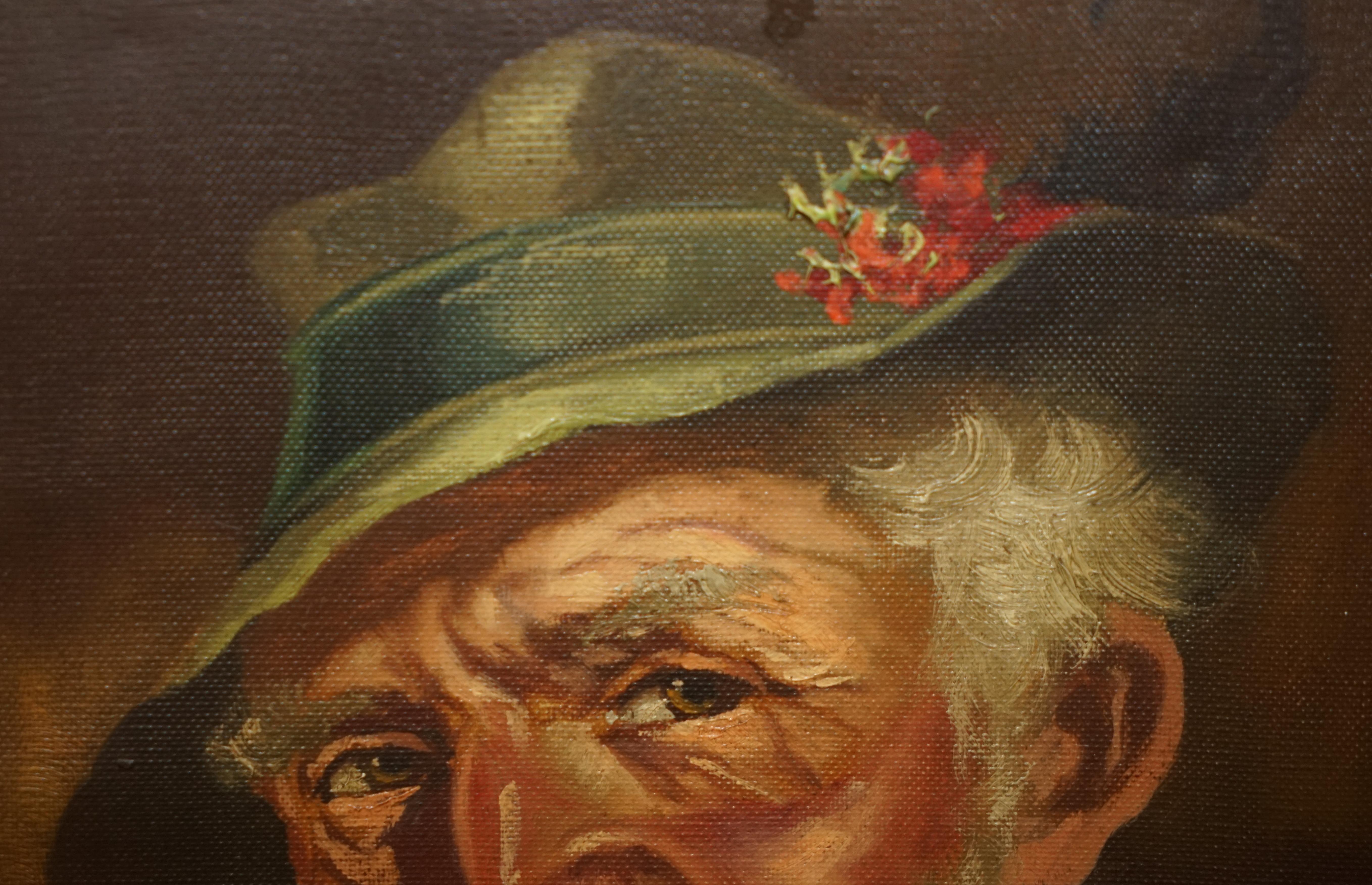 Antique Signed Dutch Oil on Canvas Painting of Old Man Man with Grey Hair & CAP For Sale 1