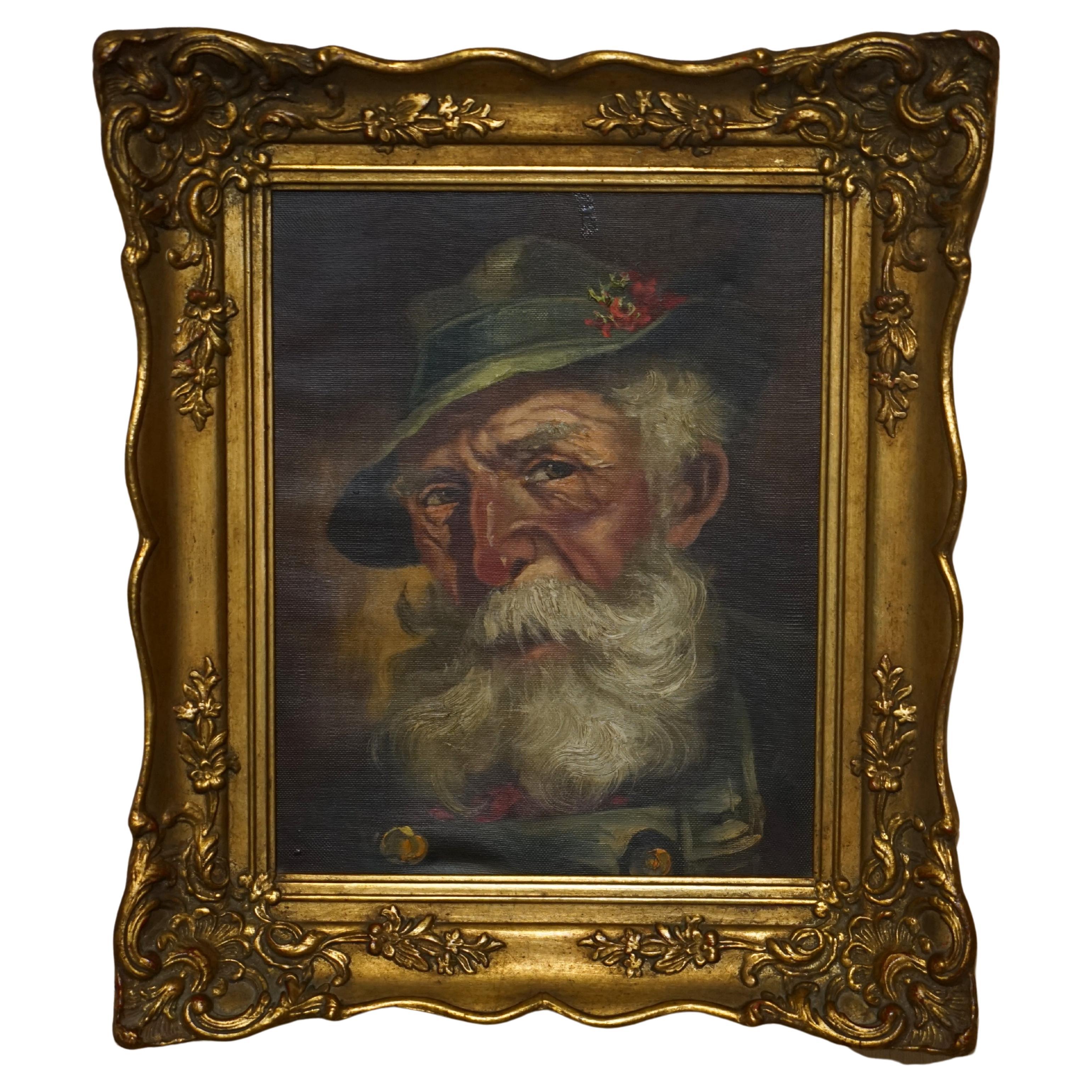 ANTIQUE SIGNED DUTCH OIL ON CANvas PAiNTING OF OLD MAN WITH GREY HAIR & CAP
