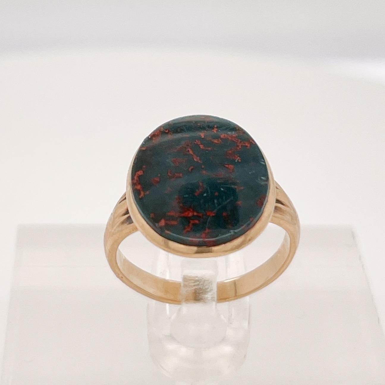 Antique Signed Edwardian 14 Karat Gold & Bloodstone Cabochon Signet Ring In Good Condition For Sale In Philadelphia, PA
