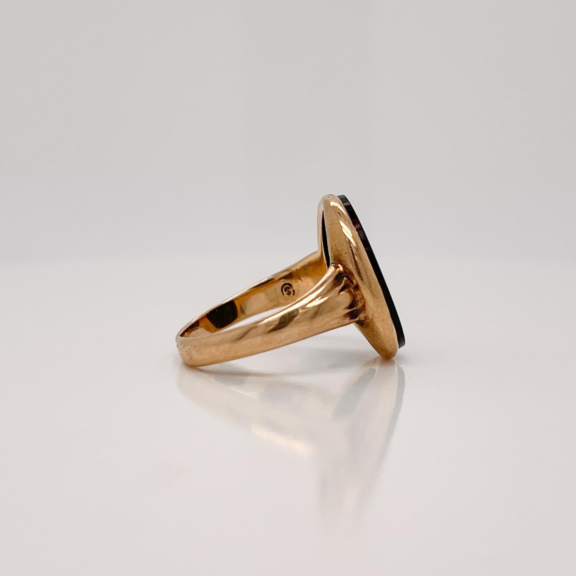 Antique Signed Edwardian 14 Karat Gold & Bloodstone Cabochon Signet Ring For Sale 2