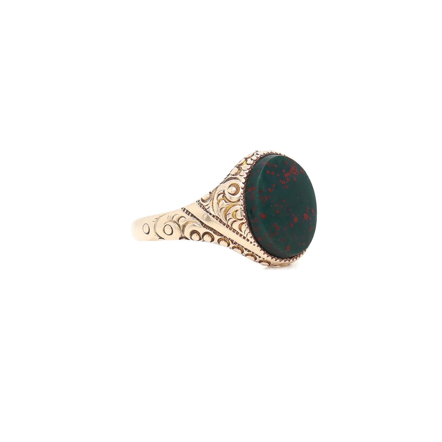 Antique Signed Edwardian Baskin Bros. 14k Gold & Bloodstone Cabochon Signet Ring 6