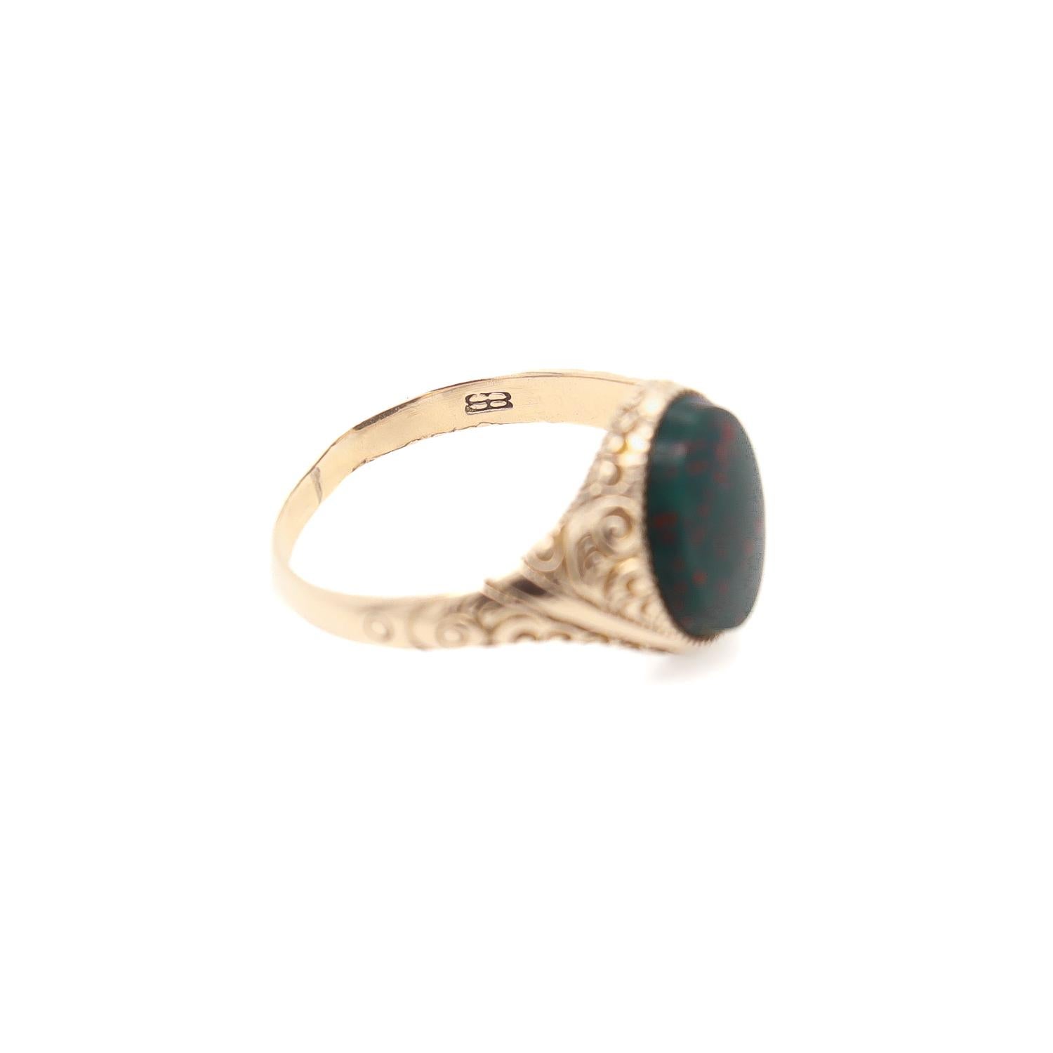 Antique Signed Edwardian Baskin Bros. 14k Gold & Bloodstone Cabochon Signet Ring 7