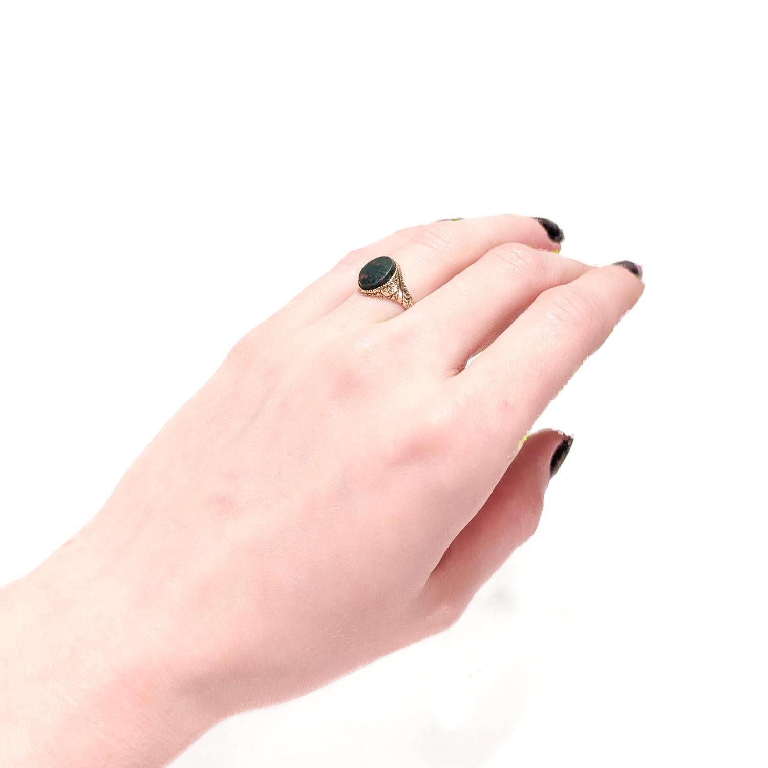 Antique Signed Edwardian Baskin Bros. 14k Gold & Bloodstone Cabochon Signet Ring 9