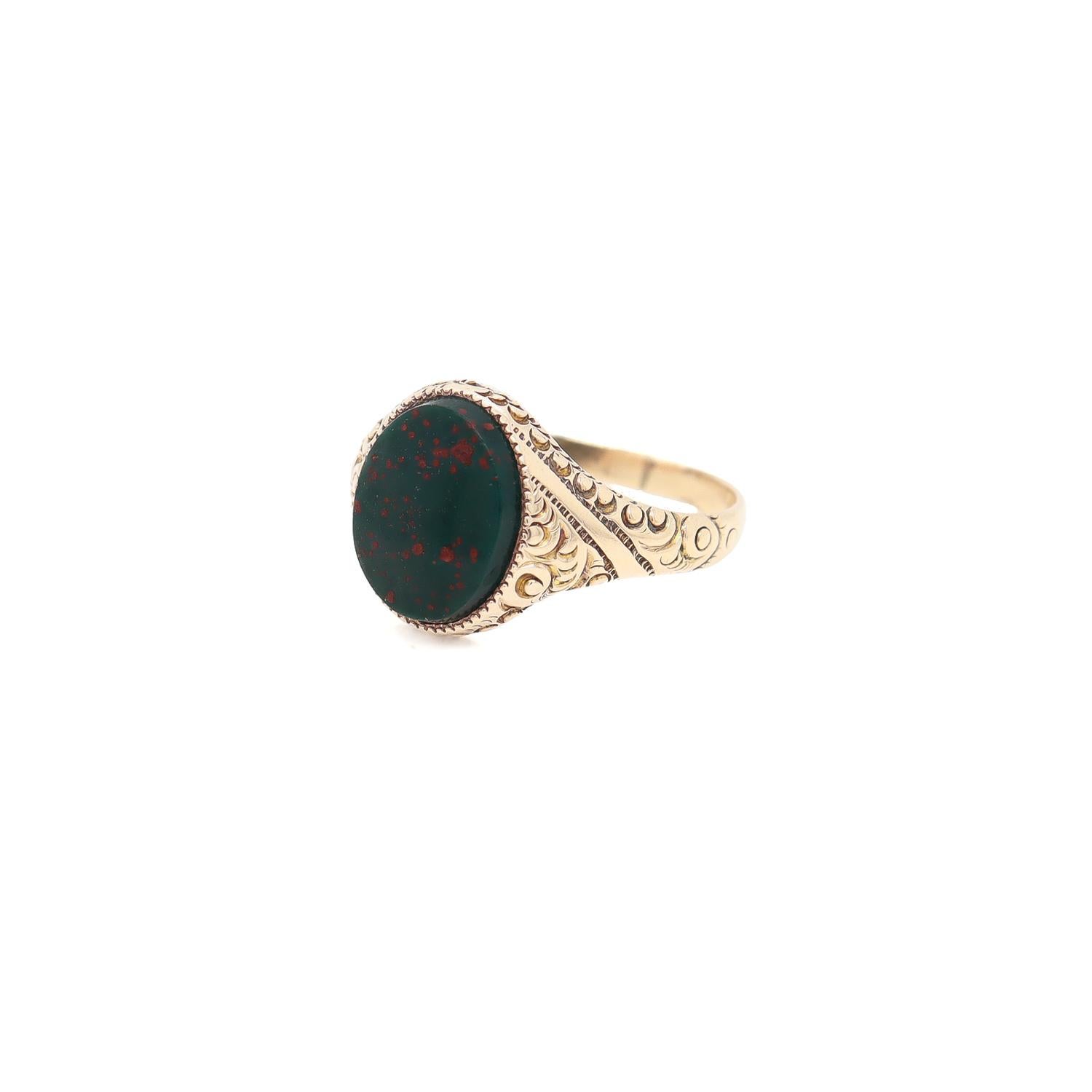 Women's or Men's Antique Signed Edwardian Baskin Bros. 14k Gold & Bloodstone Cabochon Signet Ring