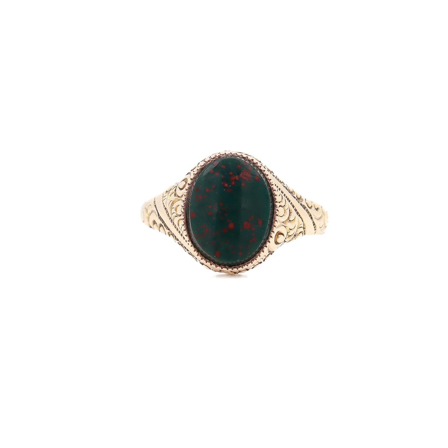 Antique Signed Edwardian Baskin Bros. 14k Gold & Bloodstone Cabochon Signet Ring 1