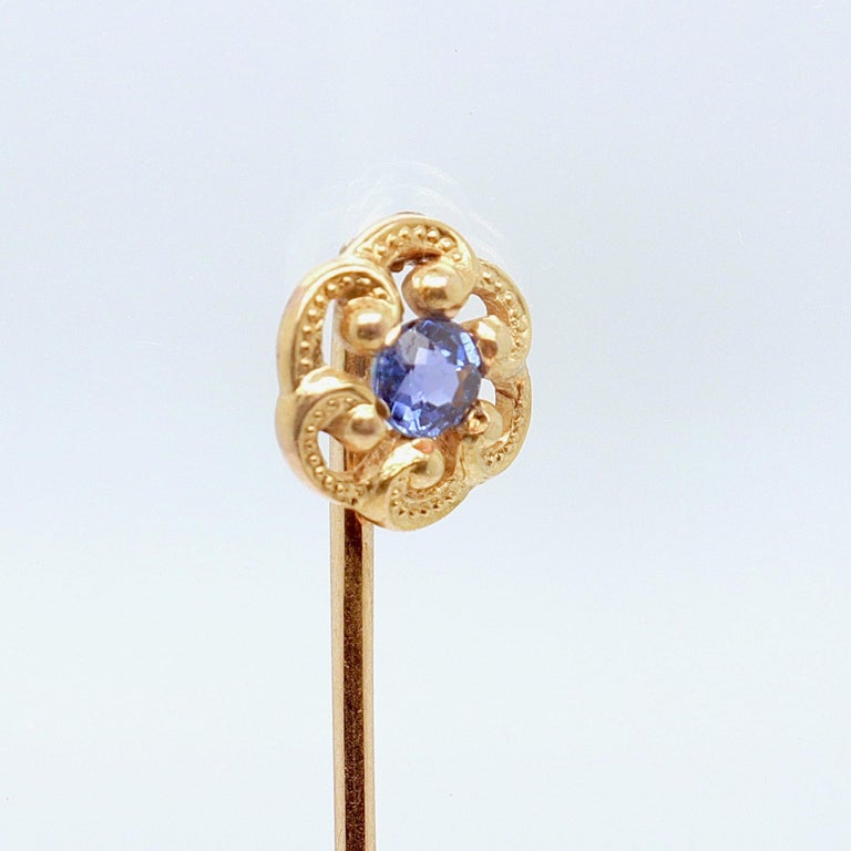 Round Cut Antique Signed Edwardian Marcus & Co. 14K Gold & Sapphire Stick Pin For Sale