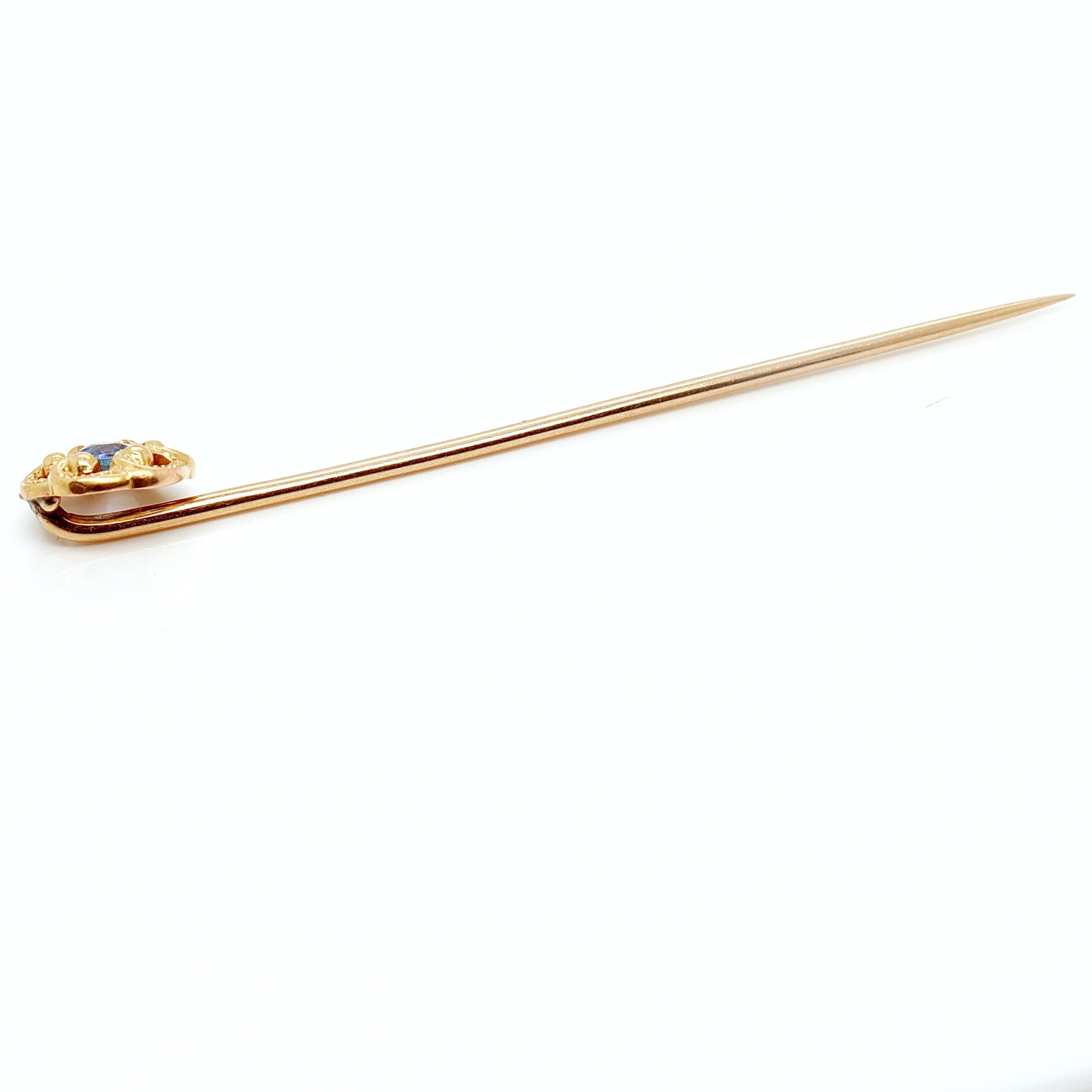 Round Cut Antique Signed Edwardian Marcus & Co. 14K Gold & Sapphire Stick Pin For Sale
