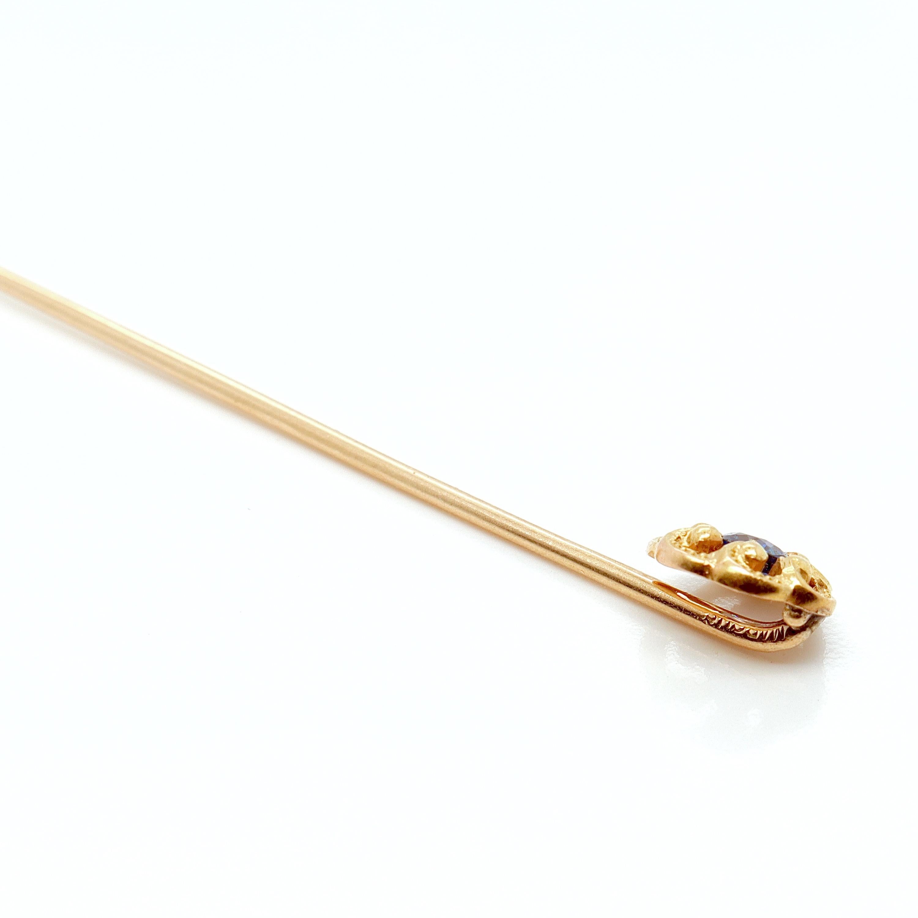 Women's or Men's Antique Signed Edwardian Marcus & Co. 14K Gold & Sapphire Stick Pin For Sale