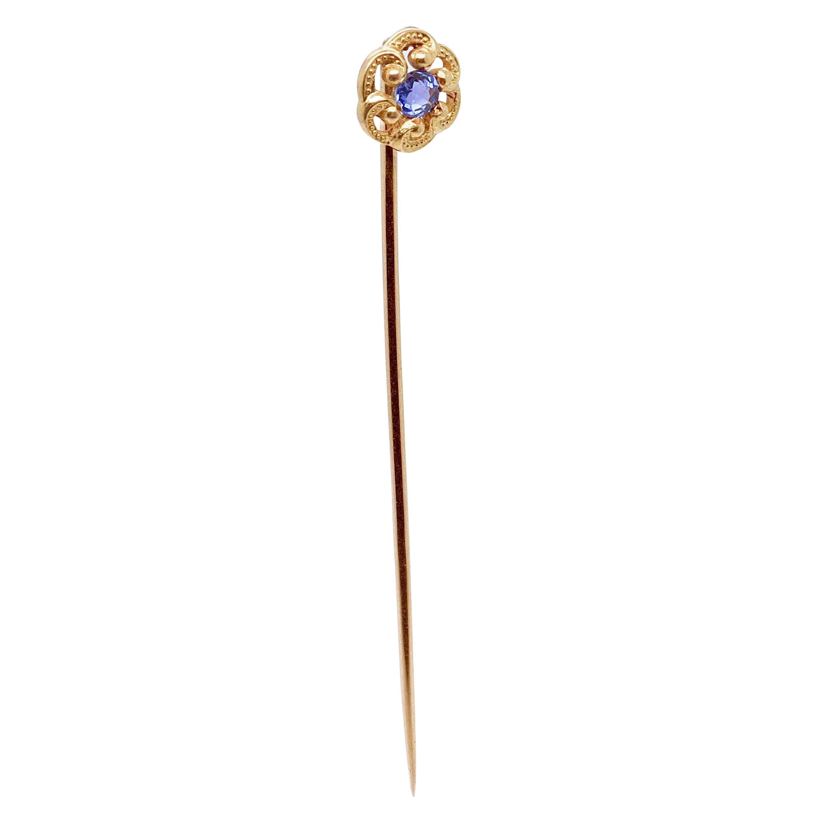 Antique Signed Edwardian Marcus & Co. 14K Gold & Sapphire Stick Pin