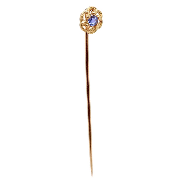 Antique Signed Edwardian Marcus & Co. 14K Gold & Sapphire Stick Pin For Sale