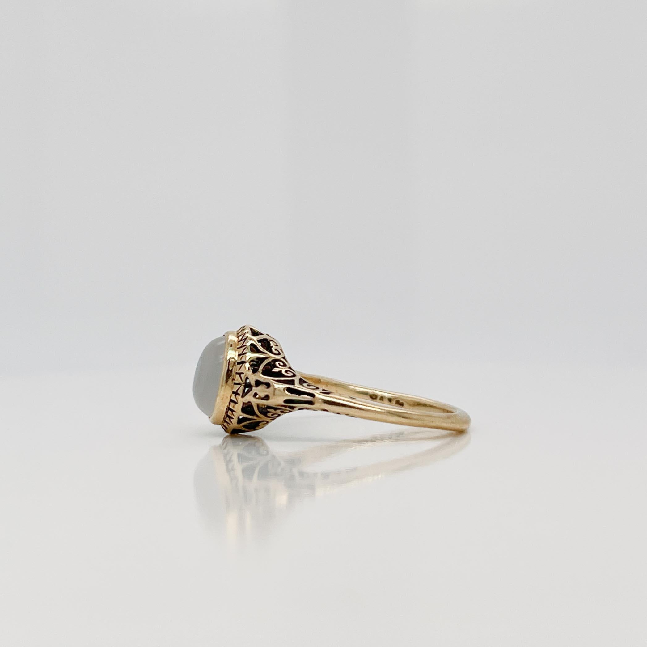Antique Signed Edwardian Moonstone Cabochon & 14K Gold Filigree Signet Type Ring In Good Condition For Sale In Philadelphia, PA