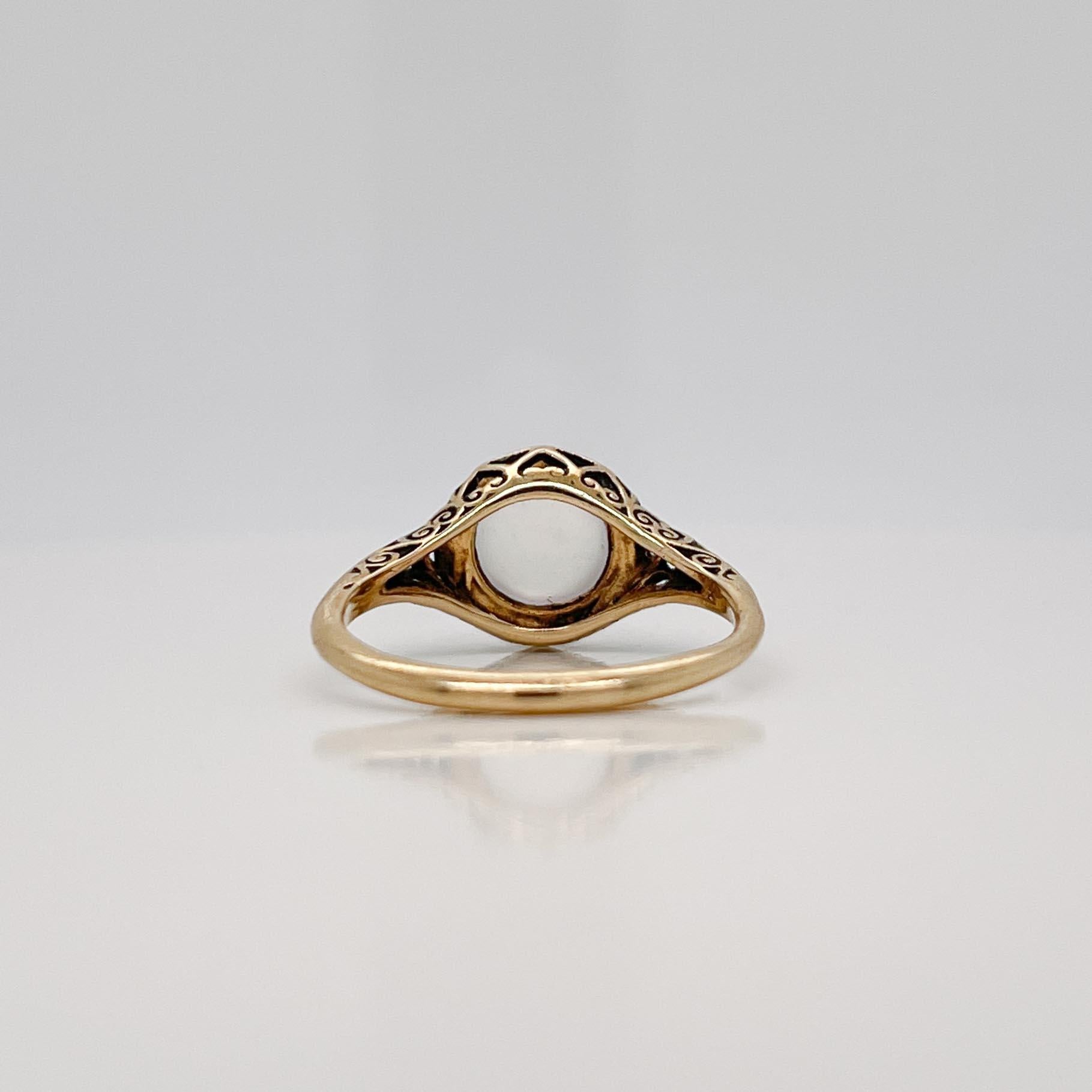 Women's or Men's Antique Signed Edwardian Moonstone Cabochon & 14K Gold Filigree Signet Type Ring For Sale