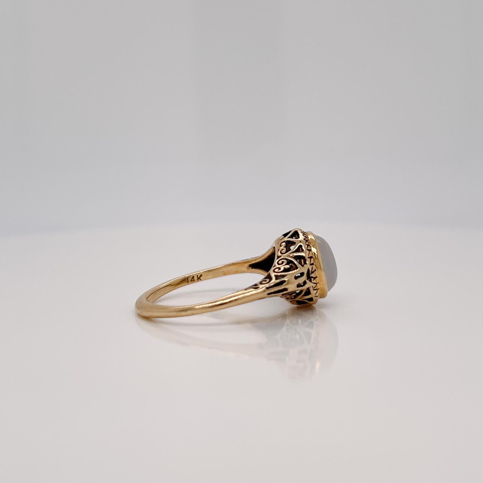 Antique Signed Edwardian Moonstone Cabochon & 14K Gold Filigree Signet Type Ring For Sale 1
