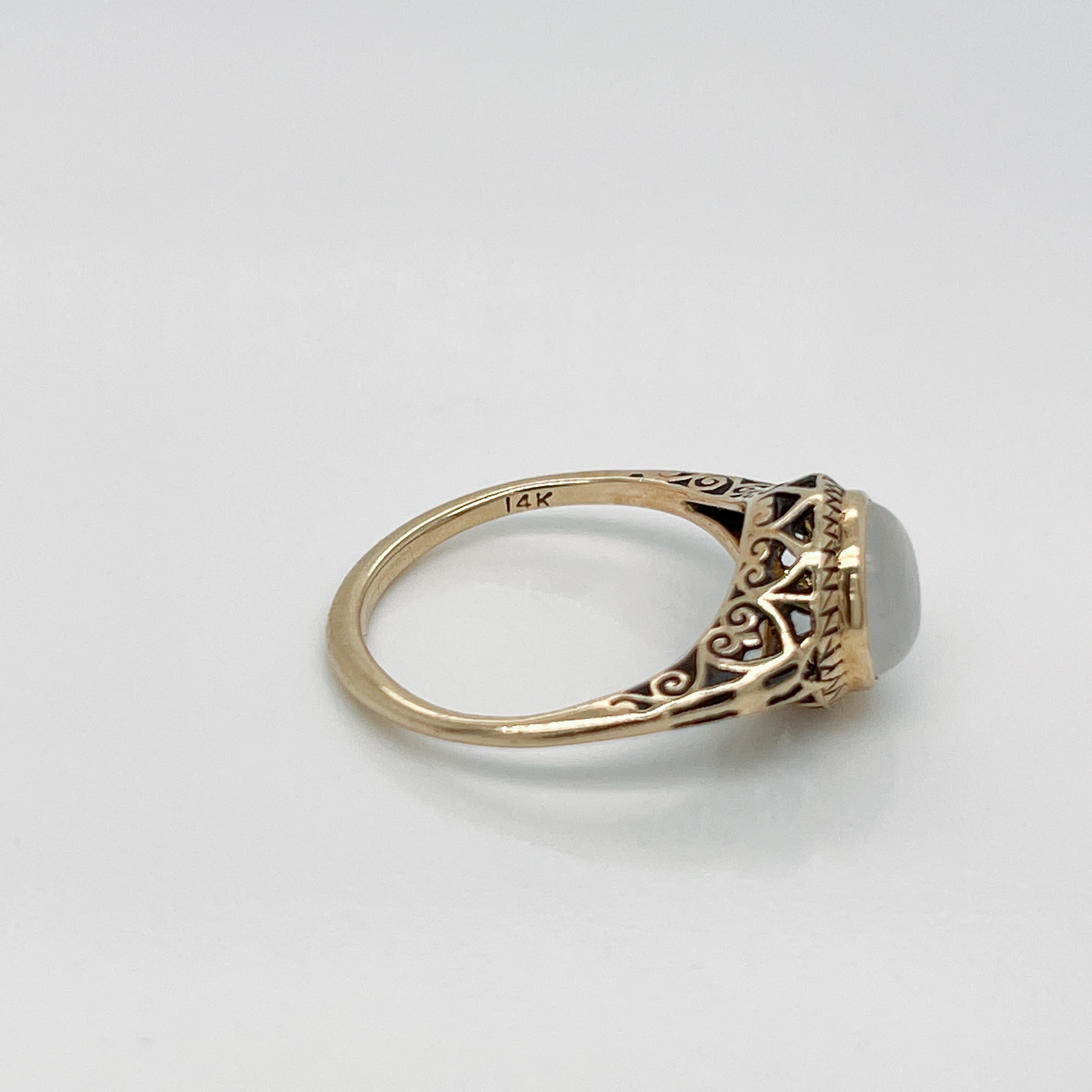 Antique Signed Edwardian Moonstone Cabochon & 14K Gold Filigree Signet Type Ring For Sale 3