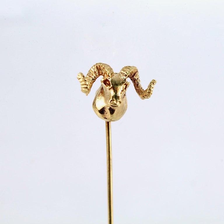 Edwardian Antique Signed Figural 14 Karat Gold Longhorn Sheep or Ram Stick Pin For Sale