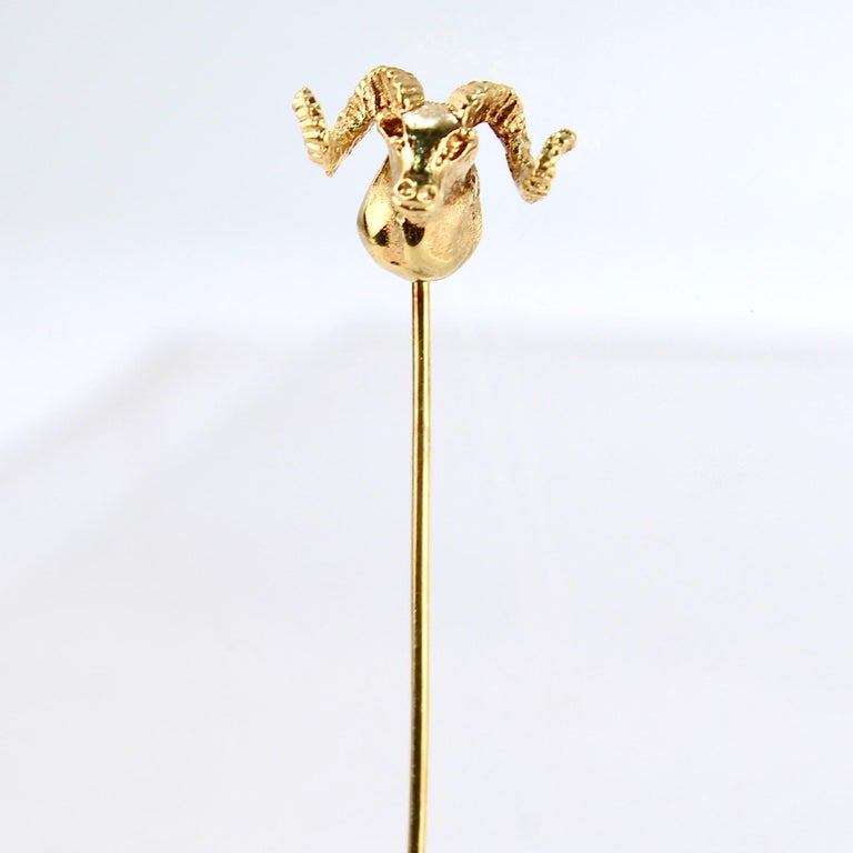 Antique Signed Figural 14 Karat Gold Longhorn Sheep or Ram Stick Pin In Good Condition For Sale In Philadelphia, PA