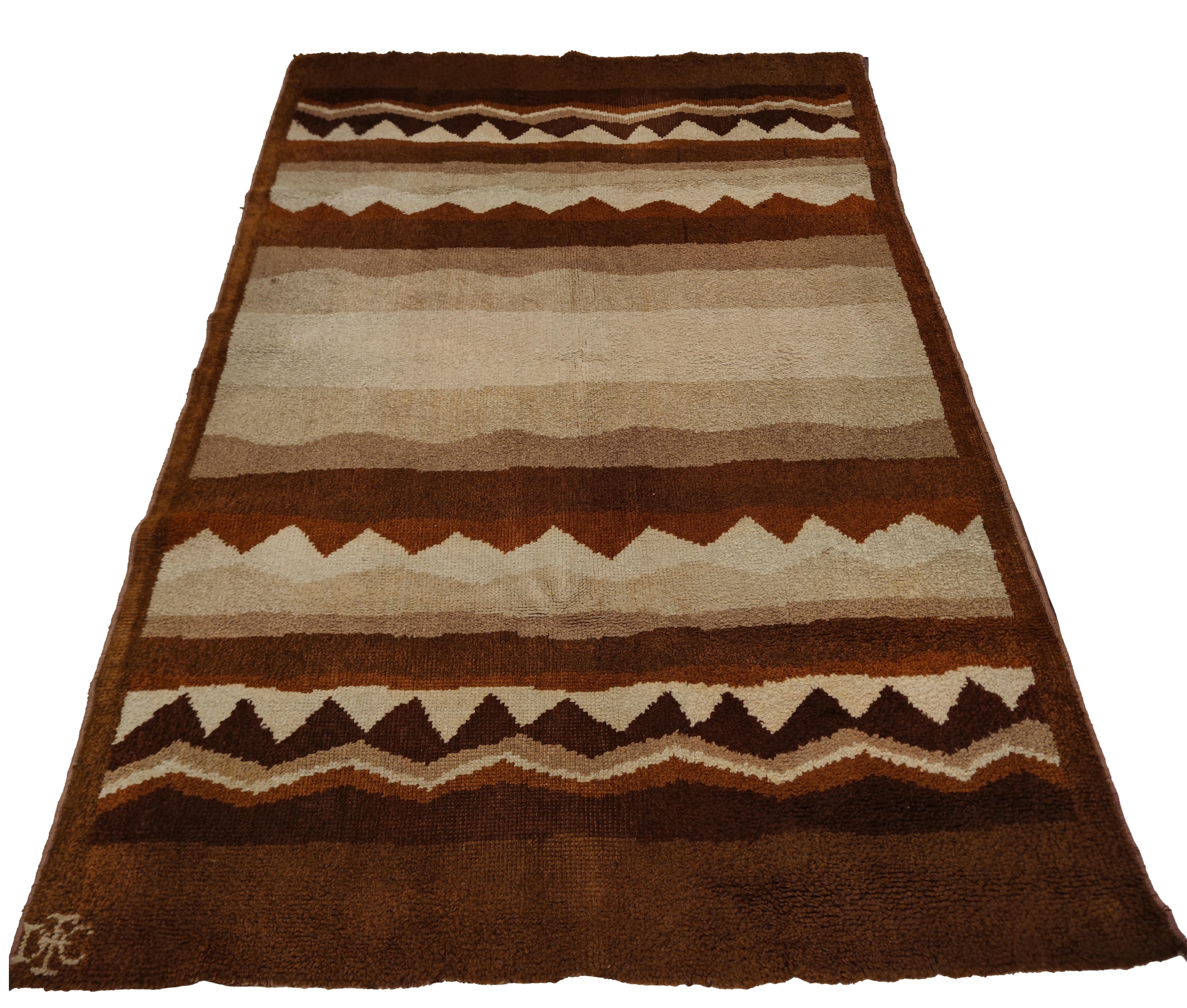 Mid-20th Century Antique Signed French Art Deco Rug with Earth Tones For Sale