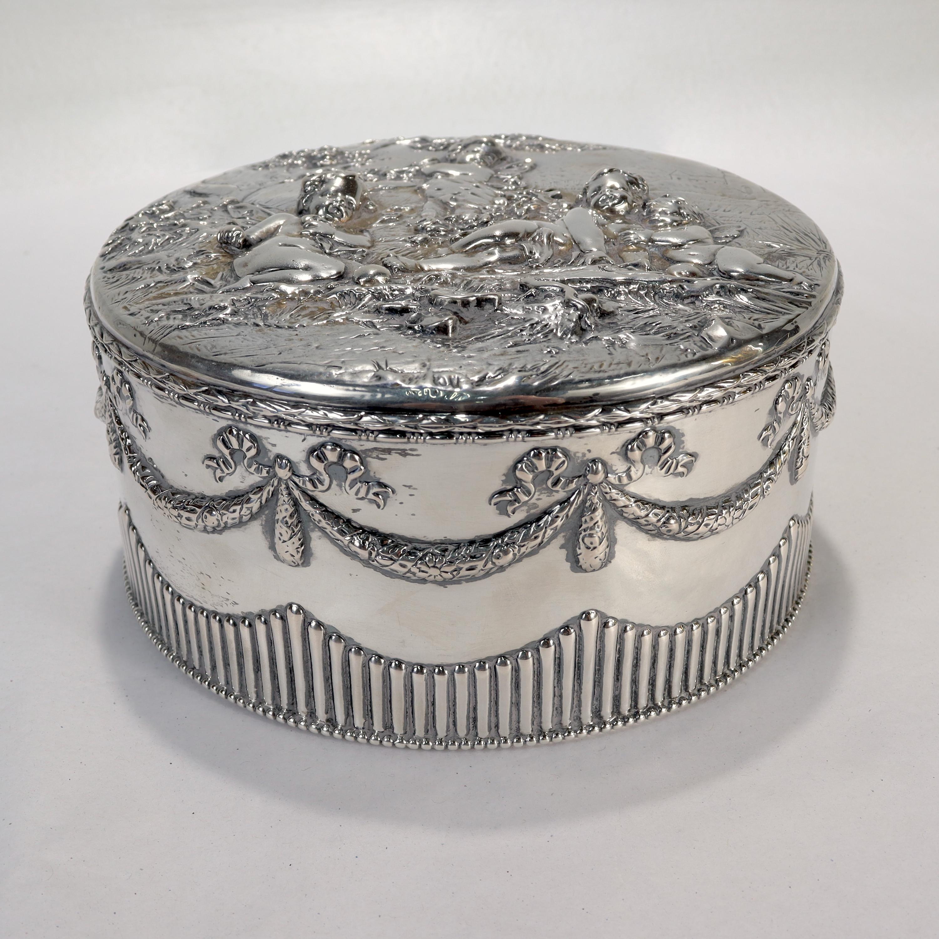 Women's or Men's Antique Signed German Figural Neoclassical Silver Table Dresser Box or Casket For Sale