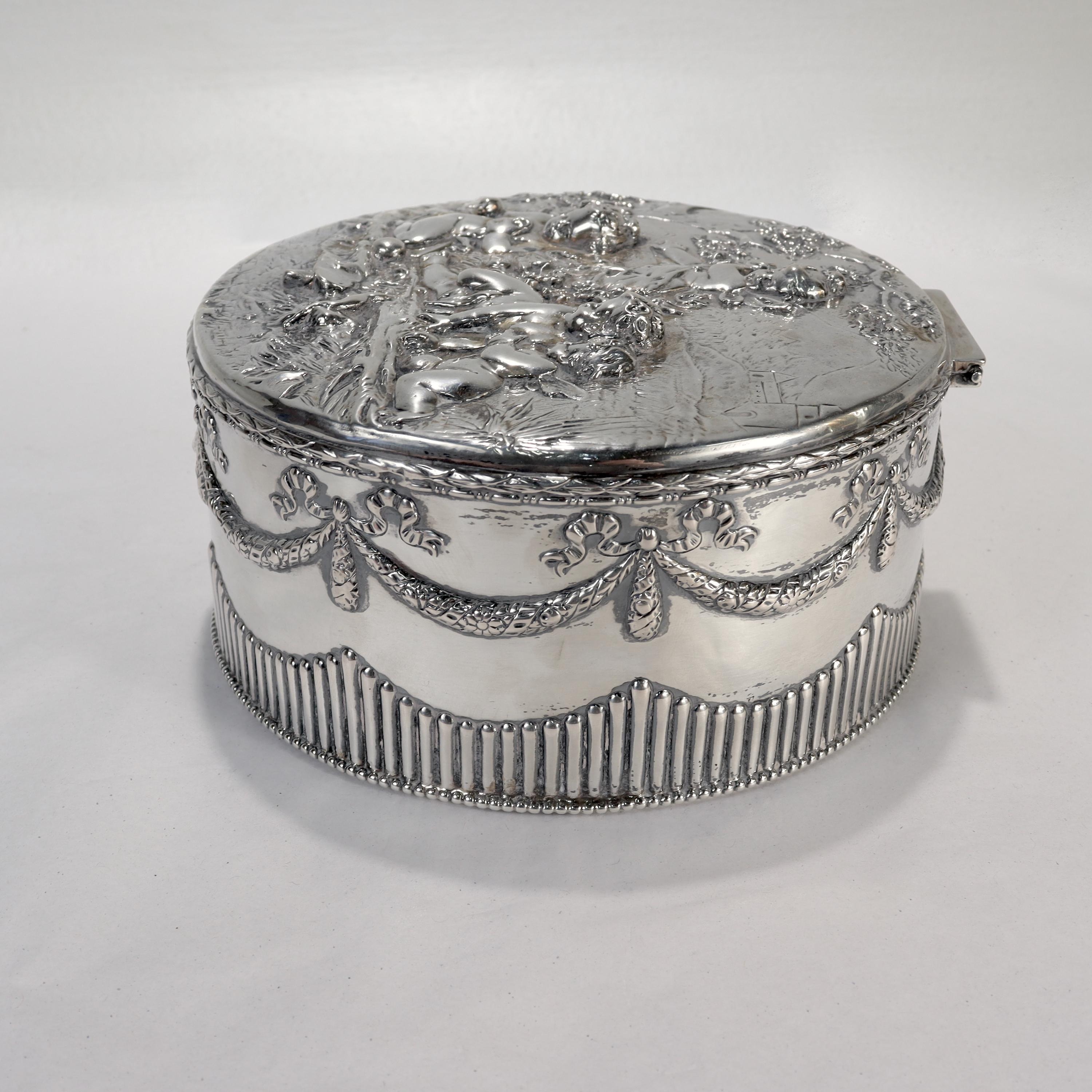 Antique Signed German Figural Neoclassical Silver Table Dresser Box or Casket For Sale 1