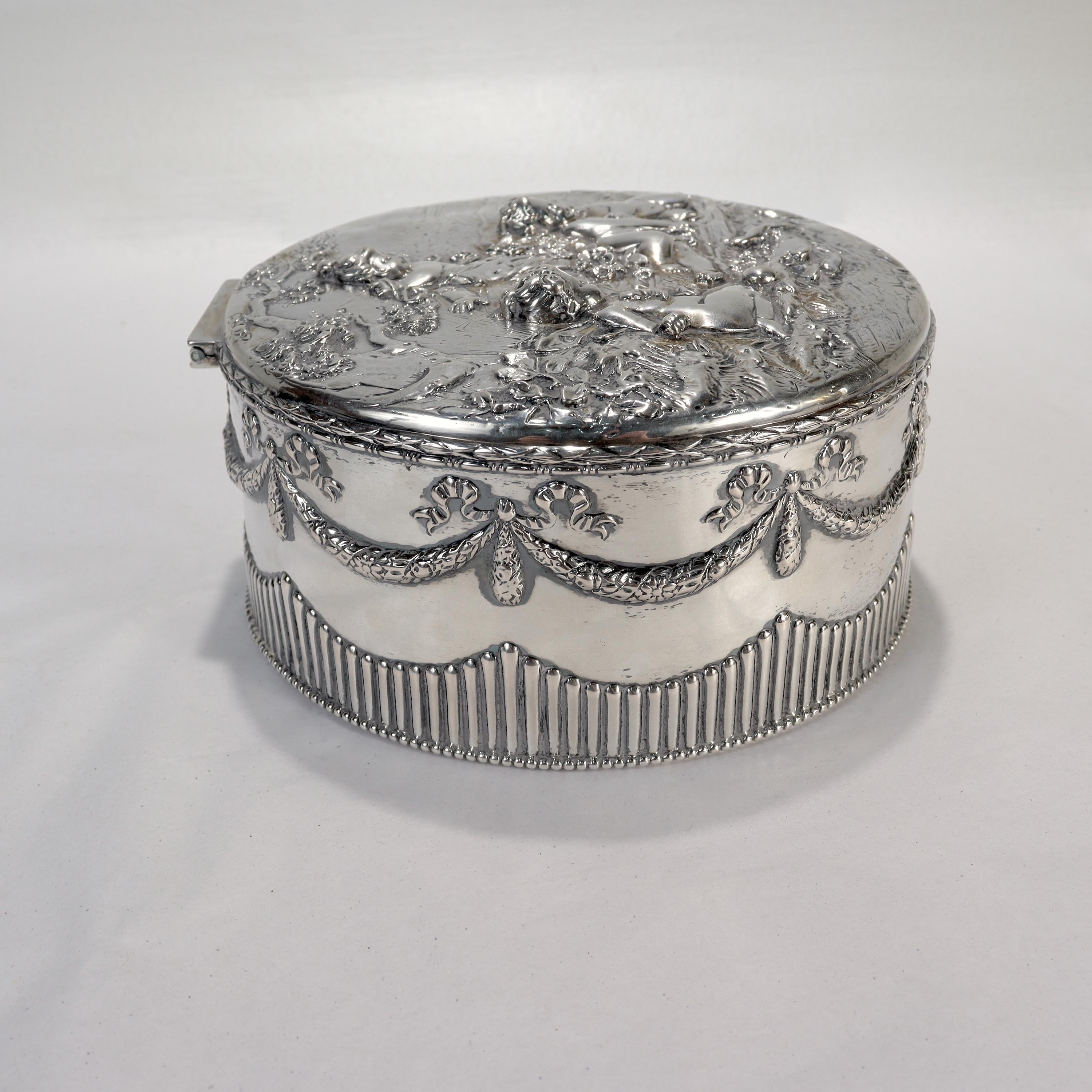 Antique Signed German Figural Neoclassical Silver Table Dresser Box or Casket For Sale 3