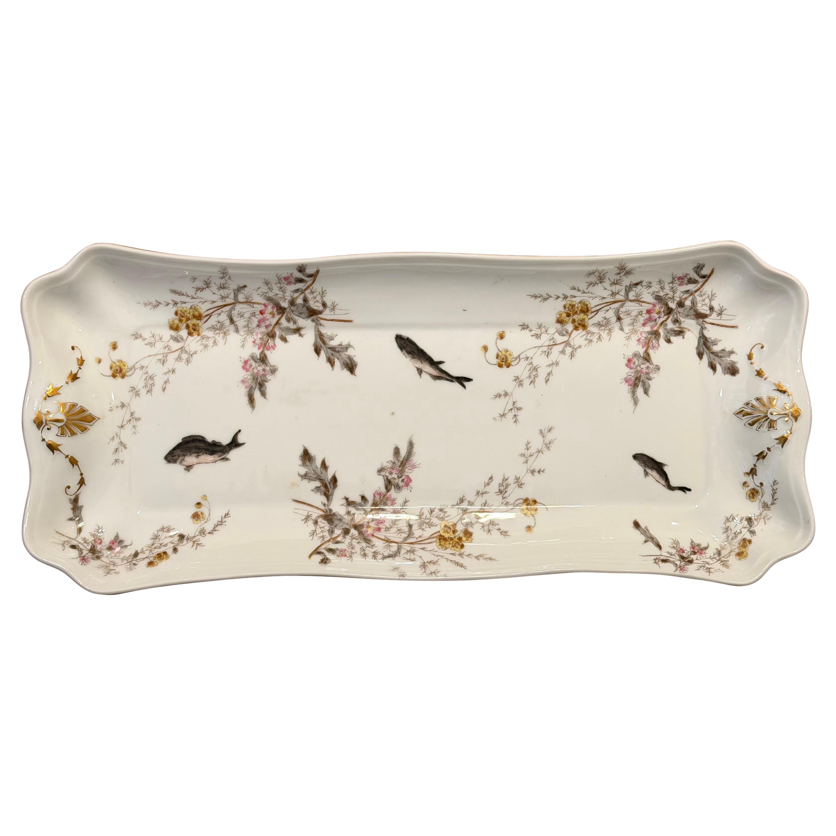 Antique Signed Haviland Limoge Hand Painted Fish Platter of Rectangular Form For Sale