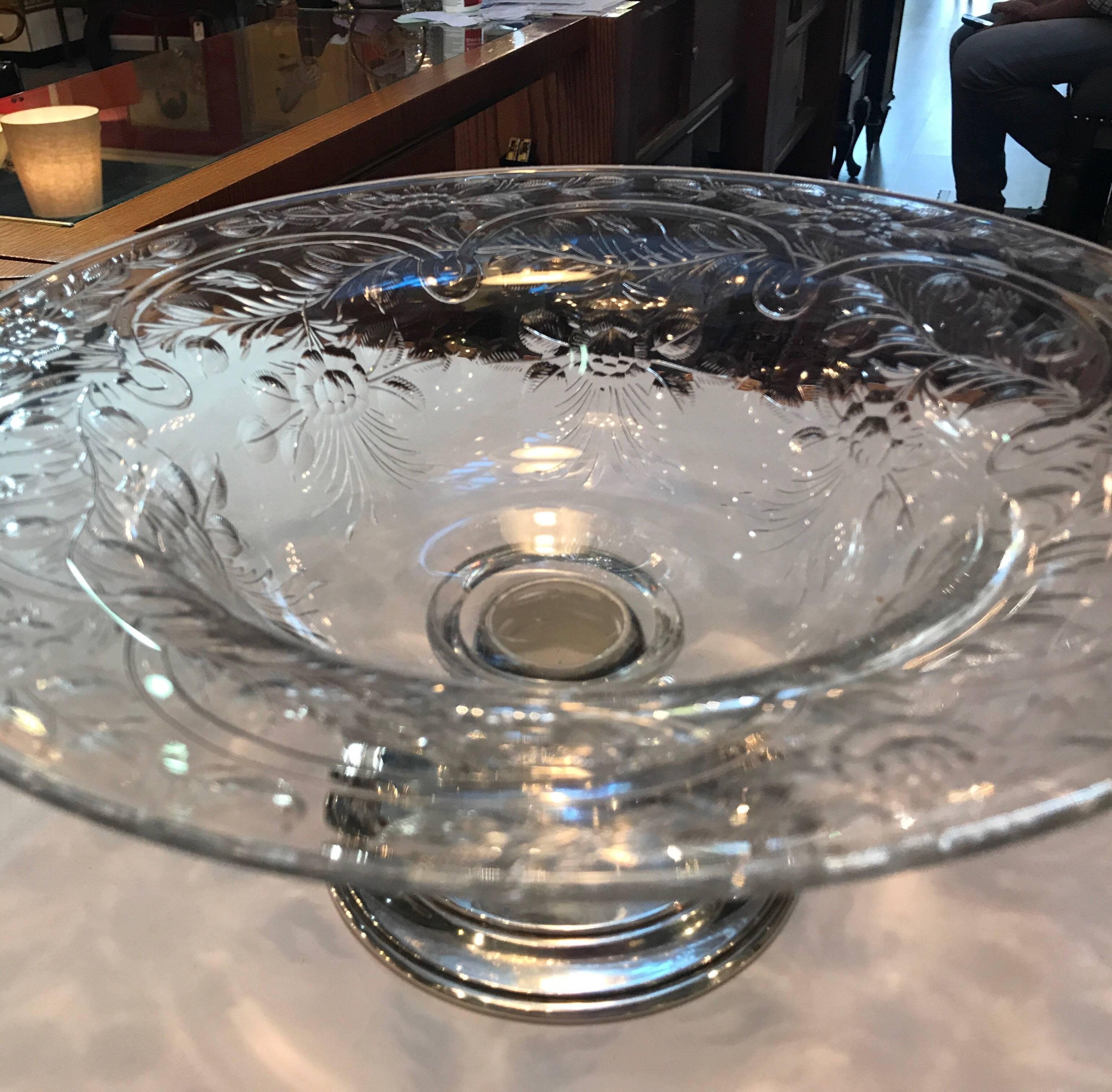 Edwardian Antique Signed Hawkes Cut Glass and Sterling Silver Center Bowl For Sale