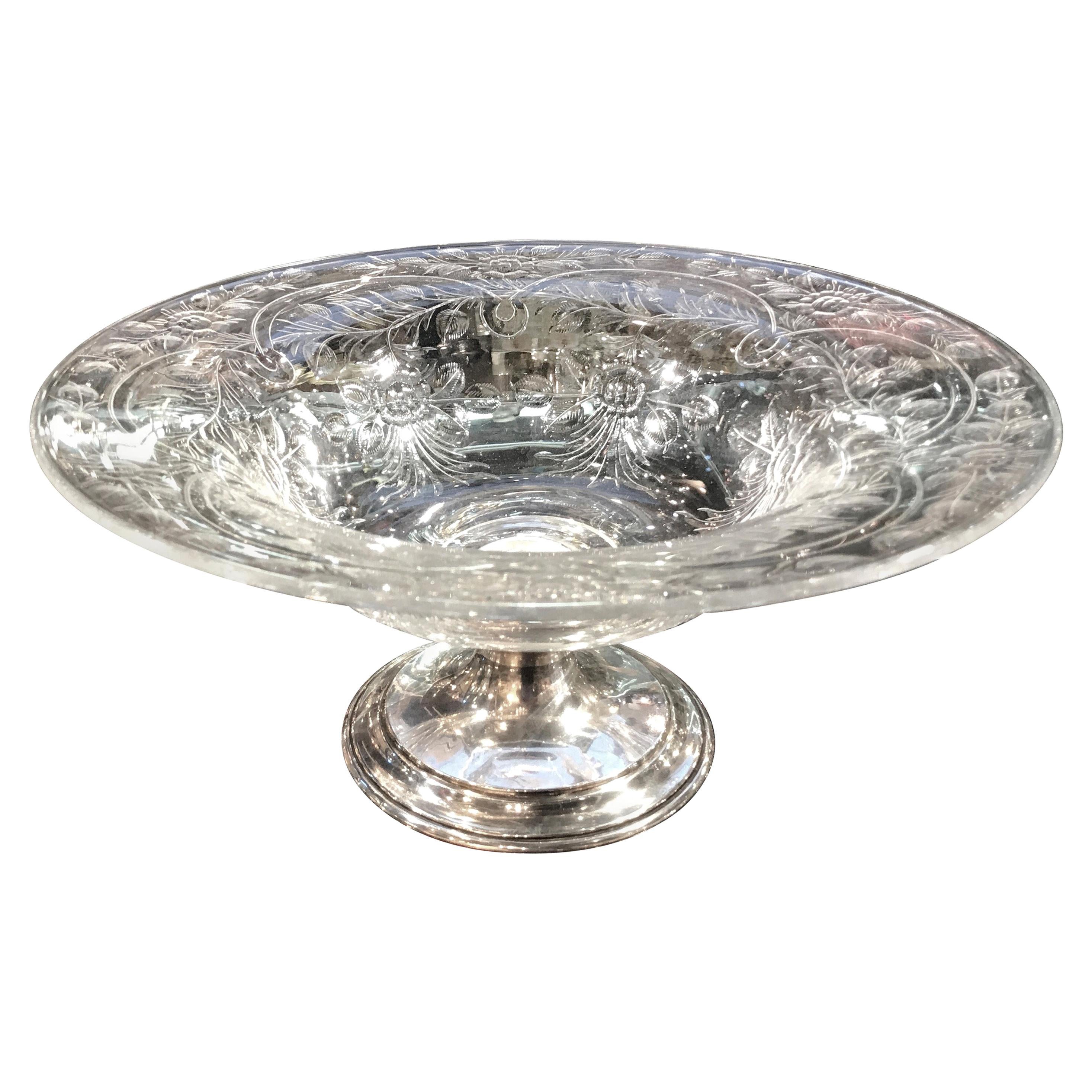 Bol central ancien signé Hawkes en verre taillé et argent sterling