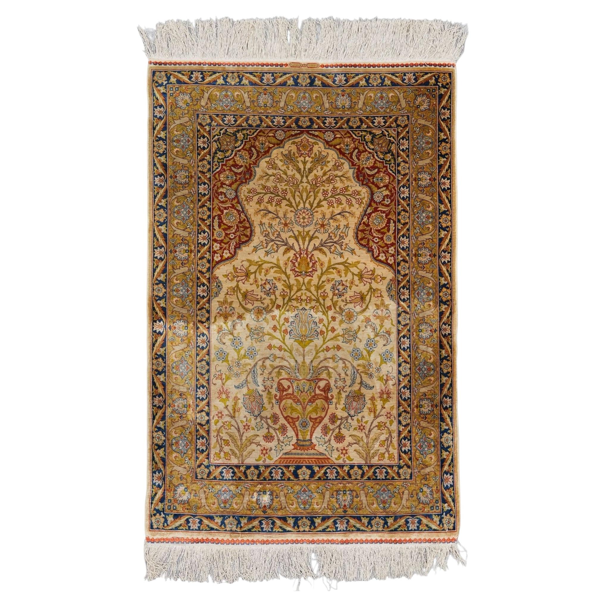 Antique Signed Hereke Silk Rug - Mid 20th Century