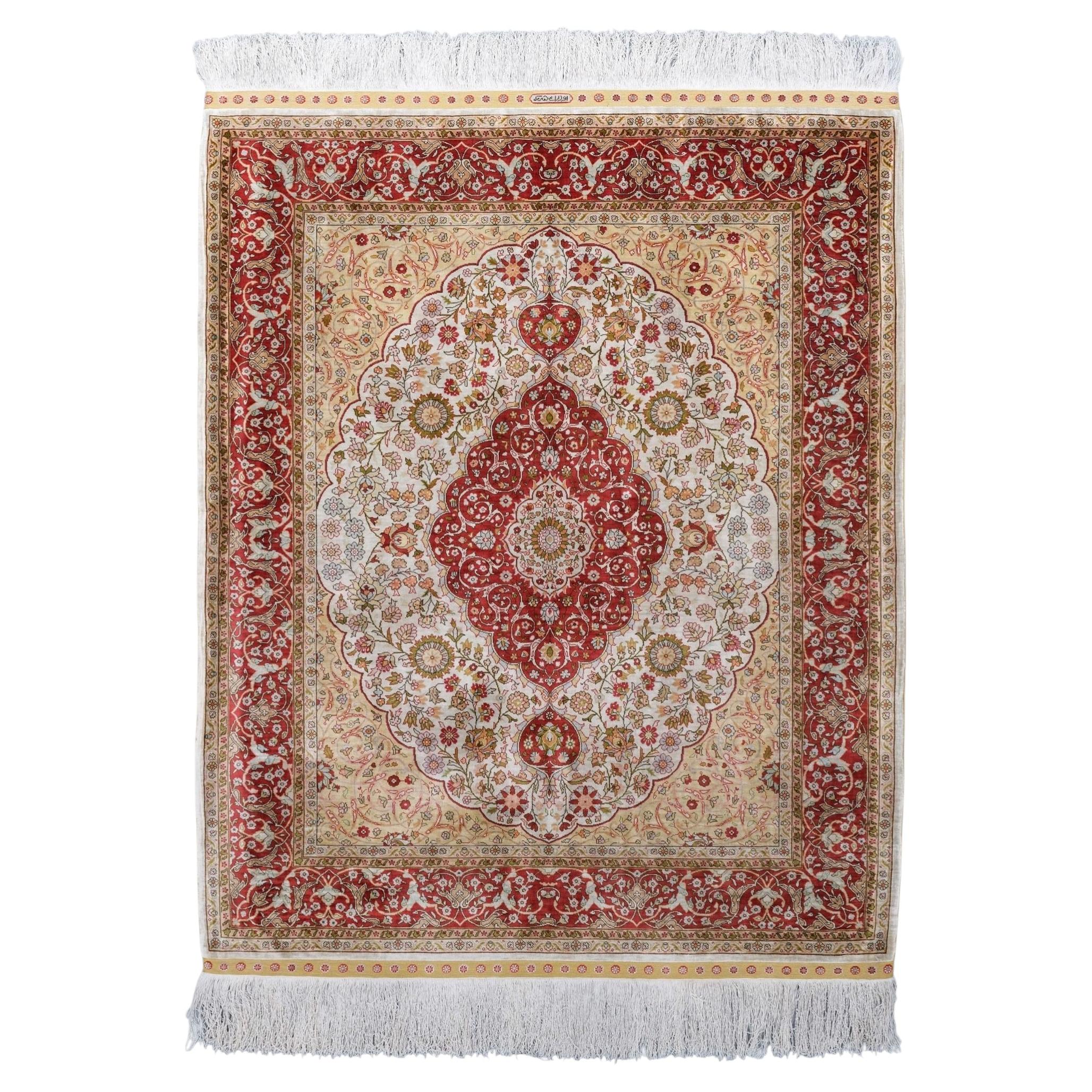 Antique Signed Hereke Silk Rug - Mid 20th Century For Sale