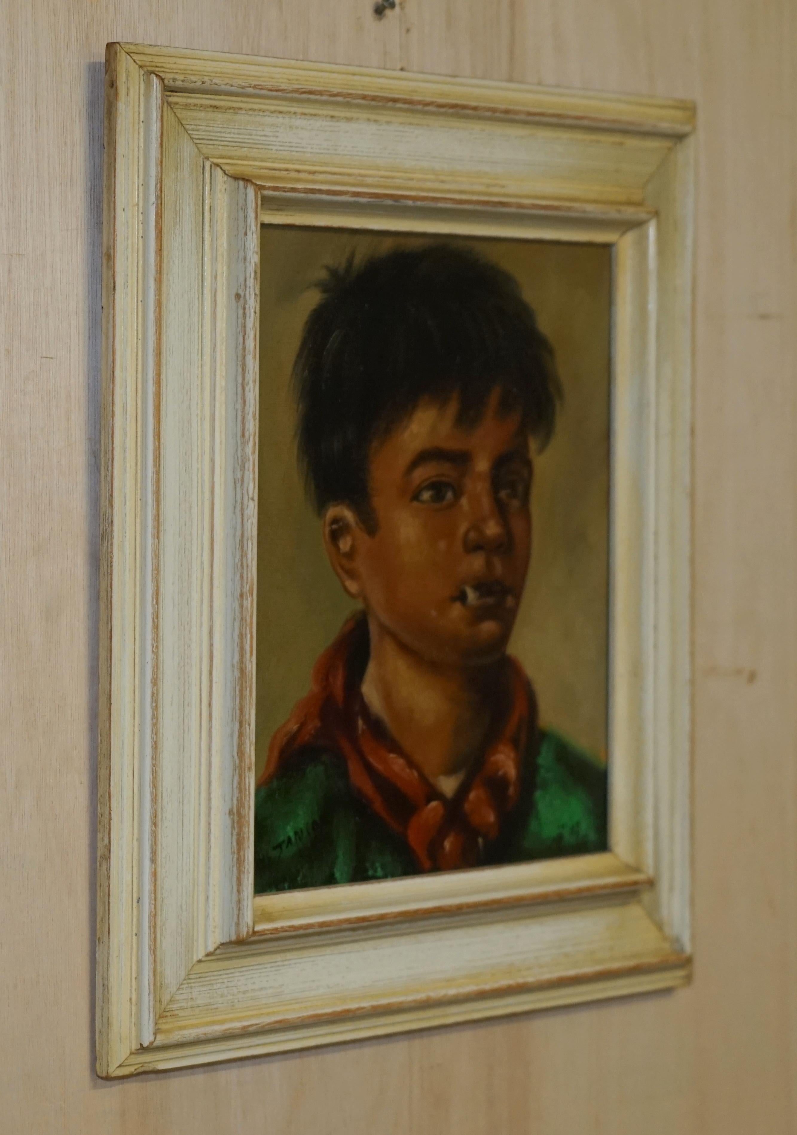 Antique Signed Janson Belgium Oil on Canvas Painting of Young Boy Smoking For Sale 6